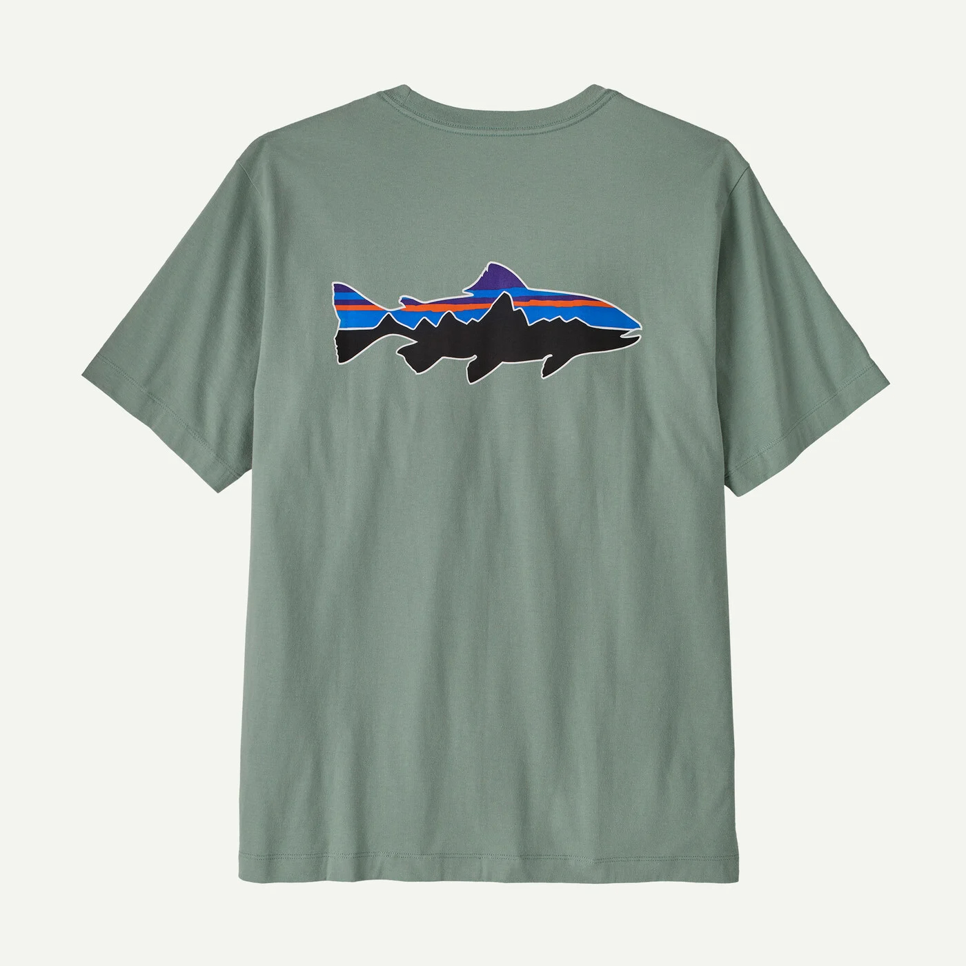 Patagonia men’s casual fishing T-shirt in green with organic cotton fabric and trout graphic