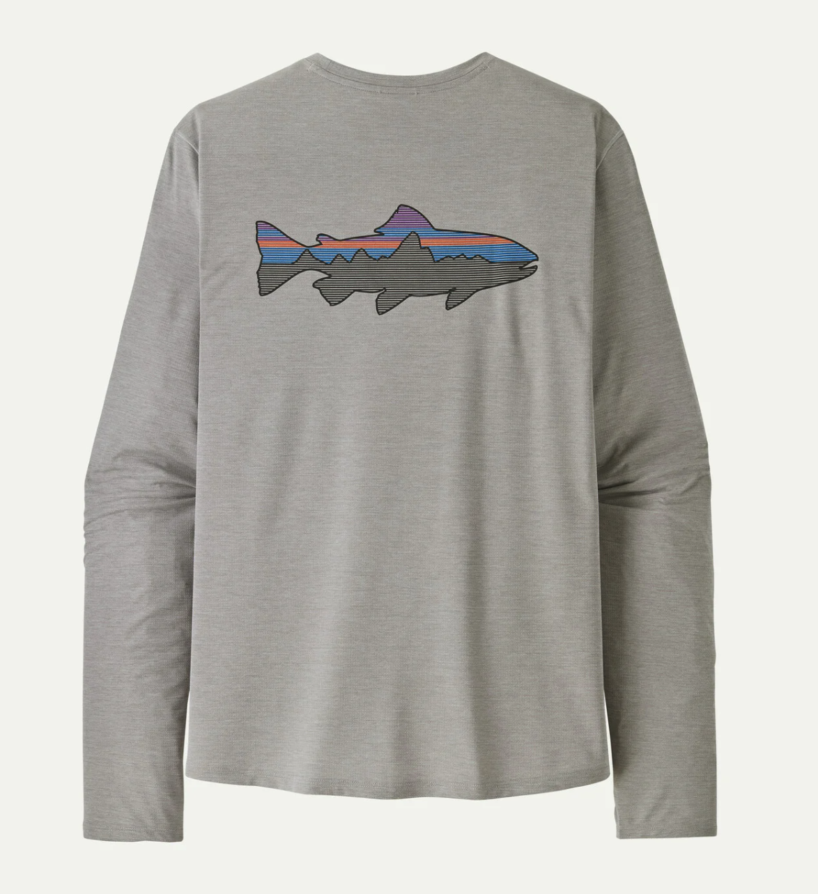 Back graphic of Patagonia Long Sleeved Capilene Cool Sun Shirt - Fitz Roy Trout CGSX color