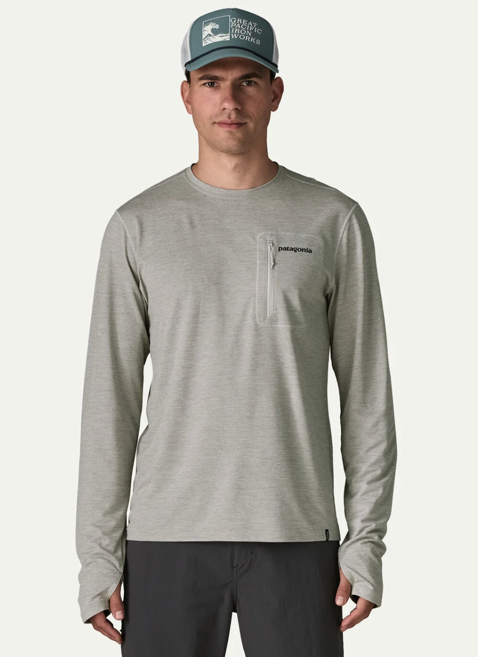 Front of model wearing Patagonia Long Sleeved Capilene Cool Sun Shirt - Fitz Roy Trout CGSX color