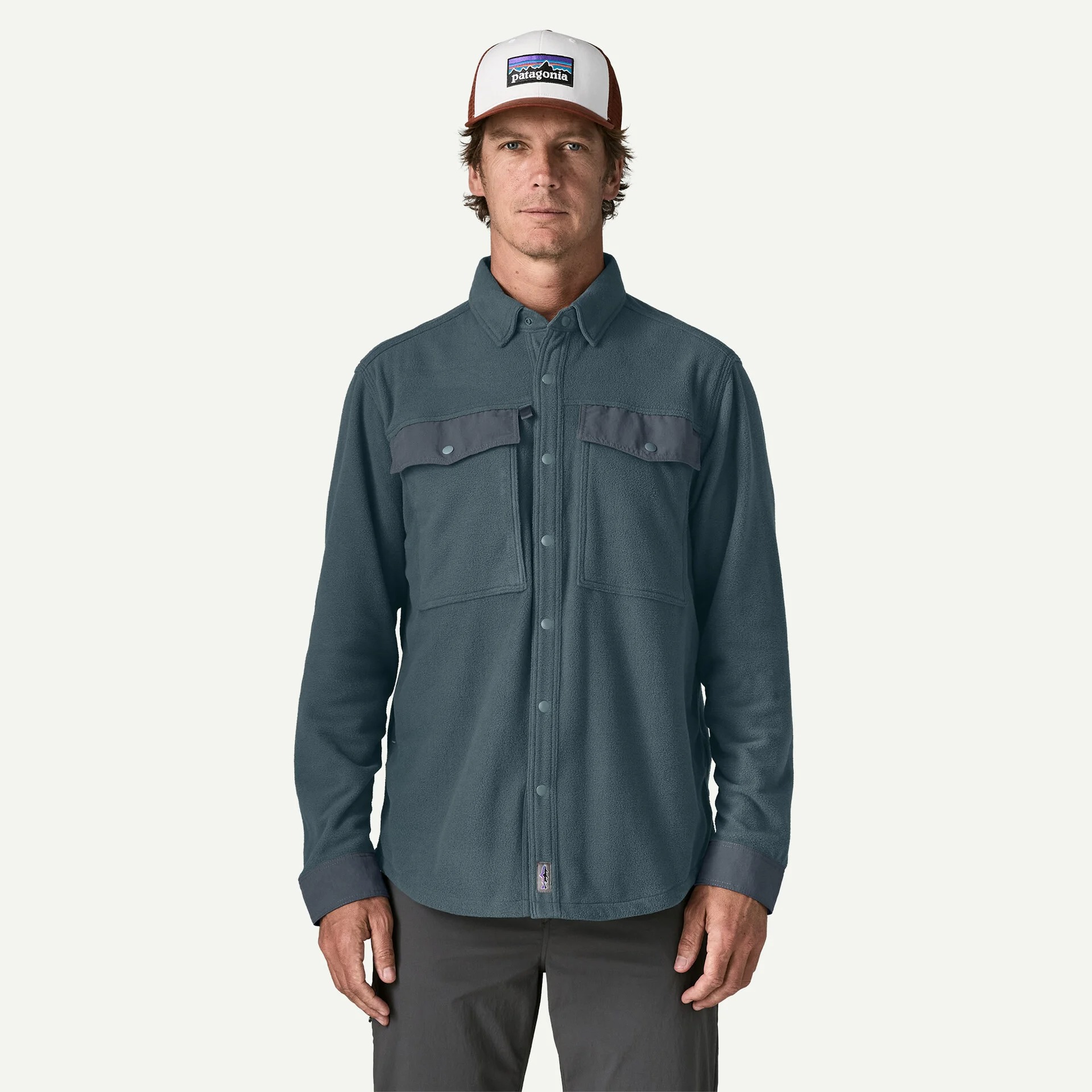 Men’s recycled fleece fishing shirt with snap front and chest storage for cool-weather outdoor use