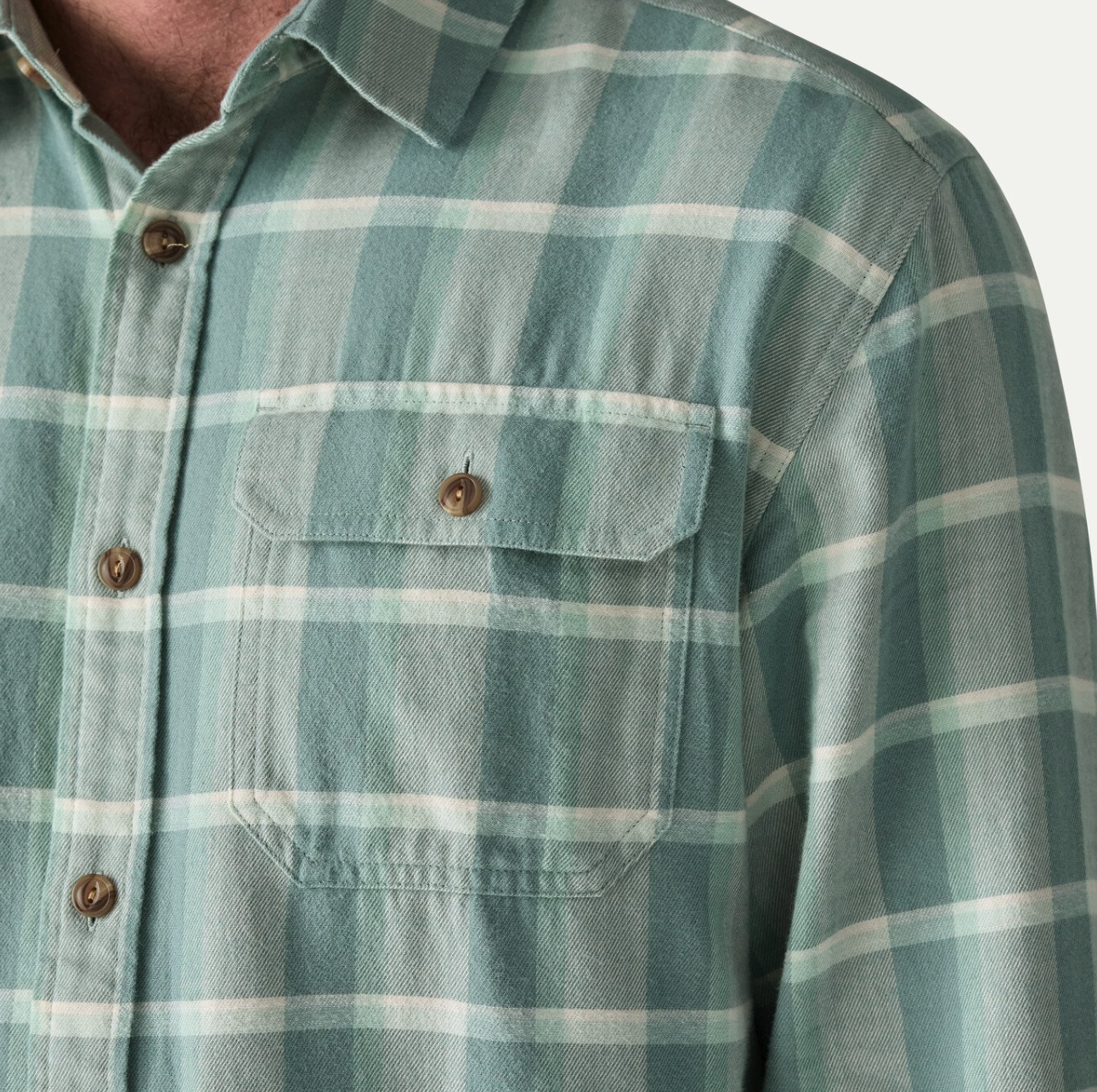 Chest pocket detail of  Patagonia Long-Sleeved Lightweight Fjord Flannel Shirt MLSA