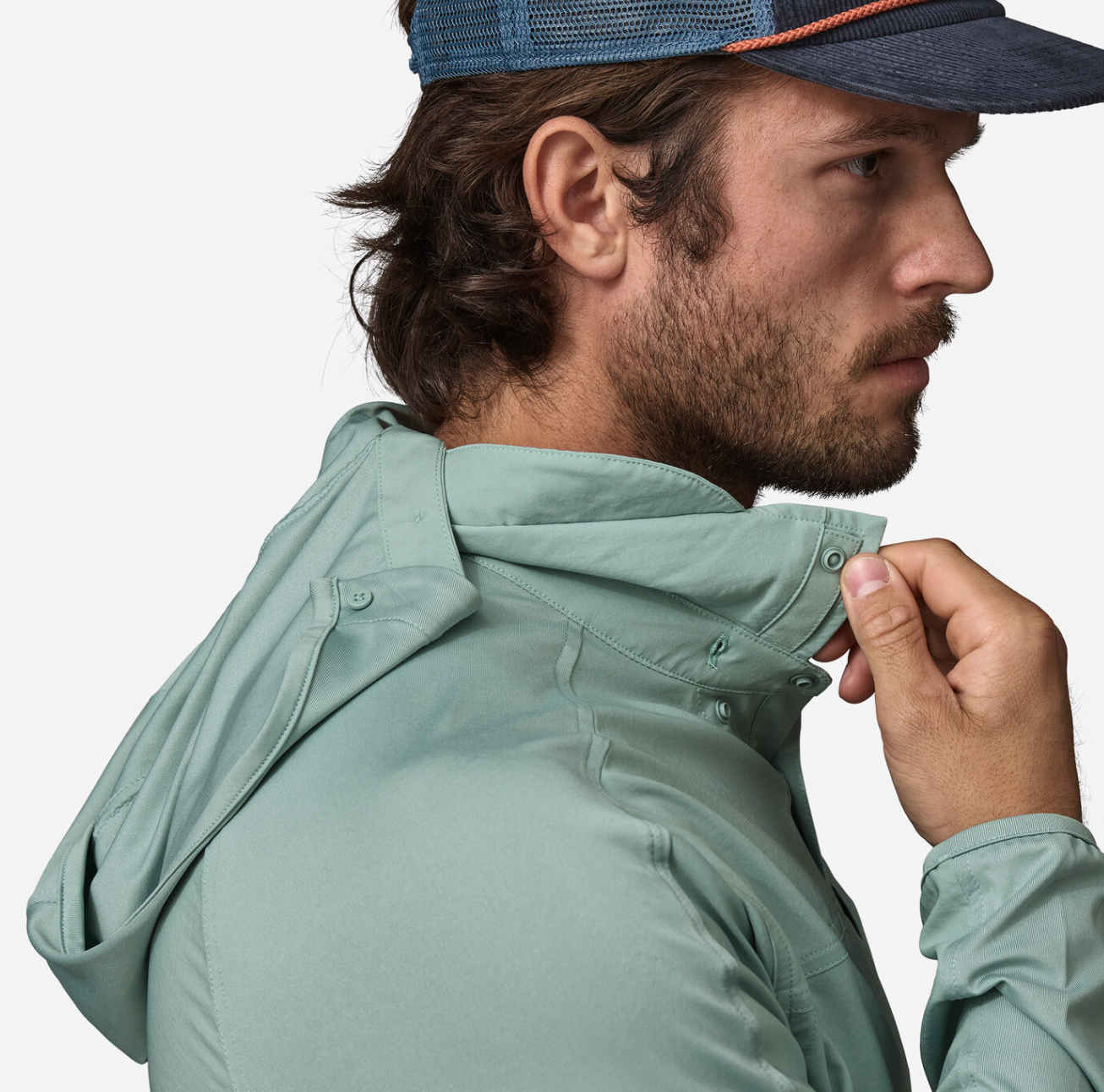Patagonia River Rambler Hybrid Sun Hoody with Hood Up – Ideal for Fishing and Hiking in Sunny Conditions