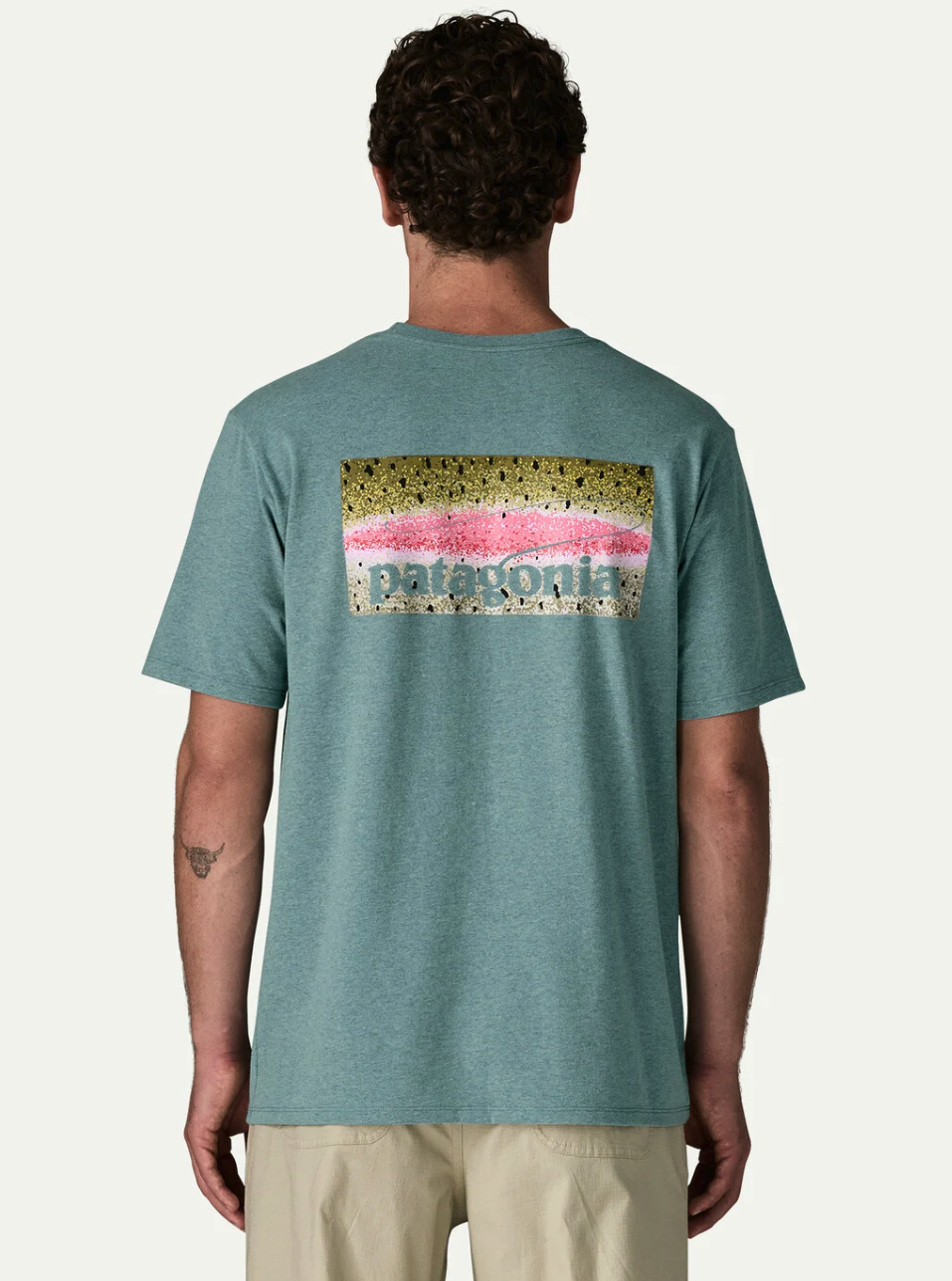 Back of model wearing Patagonia Take a Stand Responsibili-Tee RBSG color