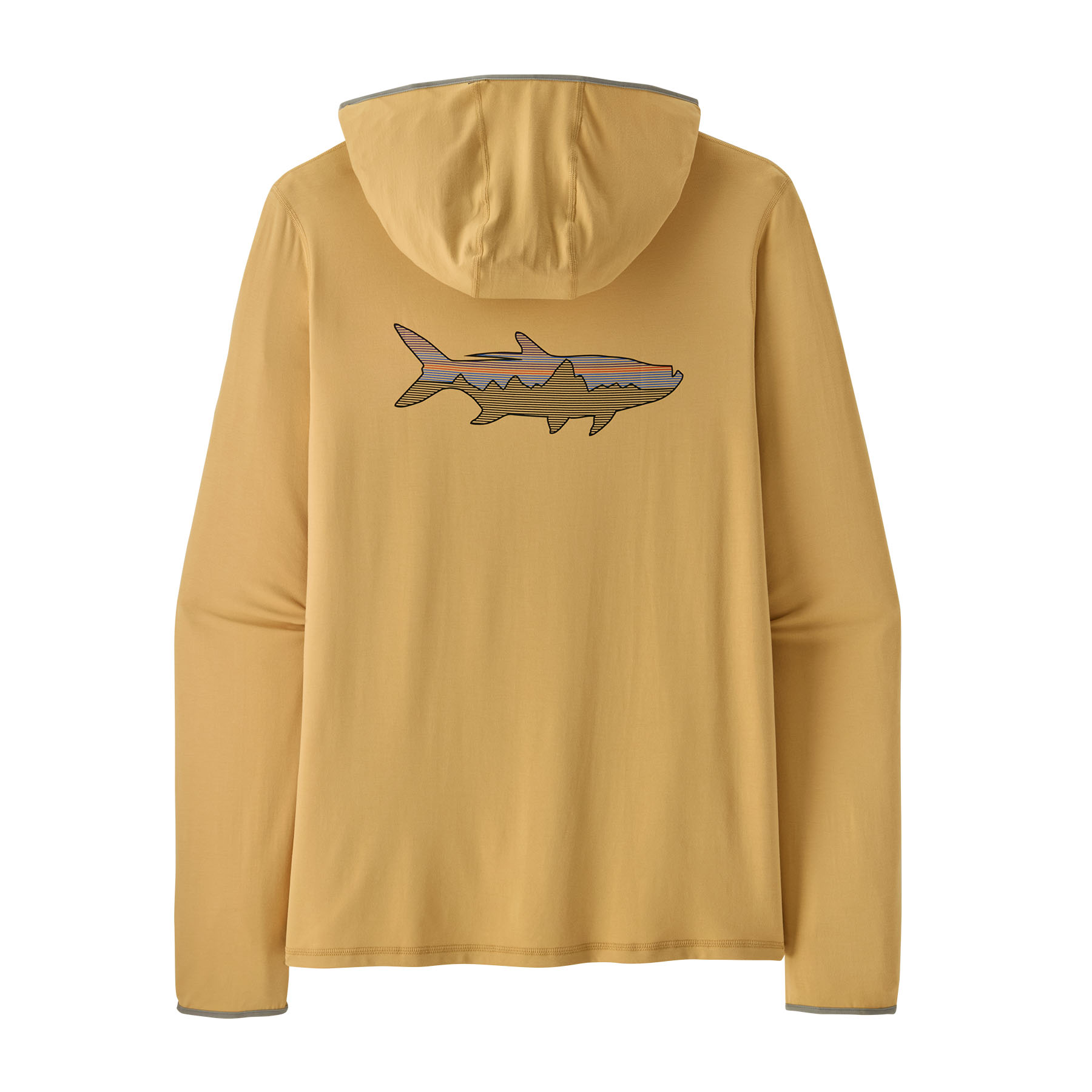 Back of Fitz Roy Tarpon: Beeswax Tan Patagonia Men's Tropic Comfort Natural Graphic Sun Hoody