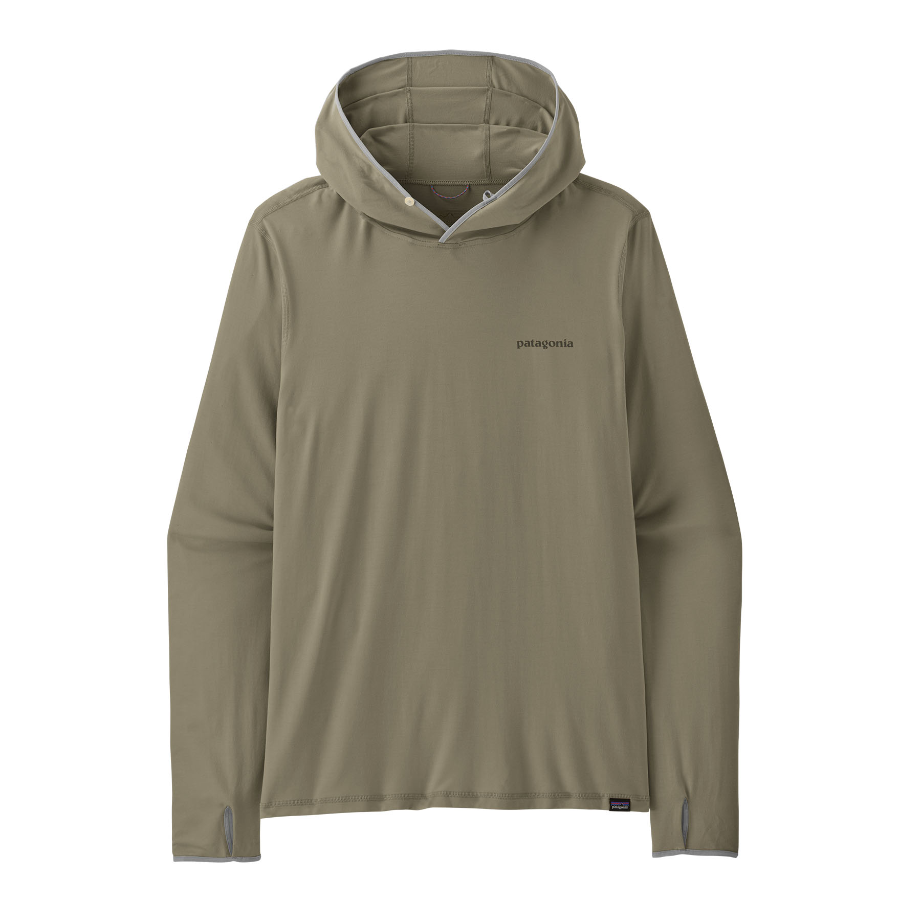 Front of Fitz Roy Trout: River Rock Green Patagonia Men's Tropic Comfort Natural Graphic Sun Hoody