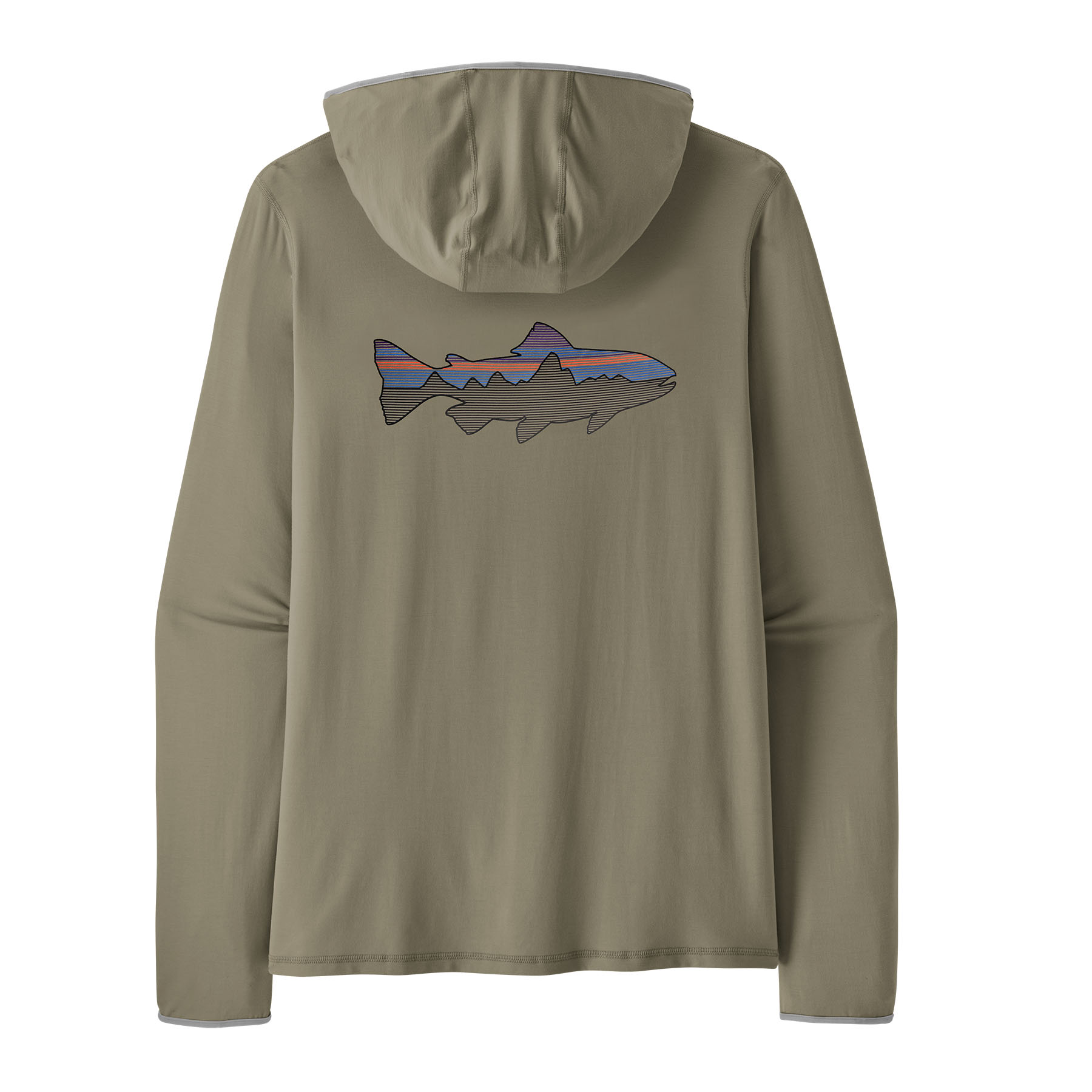 Back of Fitz Roy Trout: River Rock Green Patagonia Men's Tropic Comfort Natural Graphic Sun Hoody