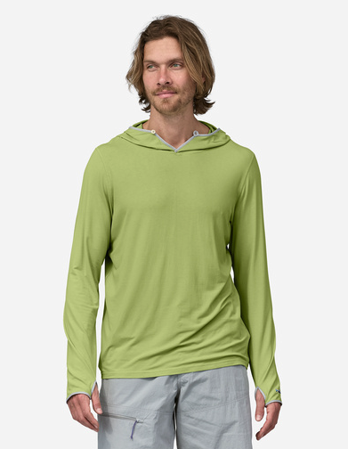Soft Patagonia men's sun hoody with moisture-wicking properties.