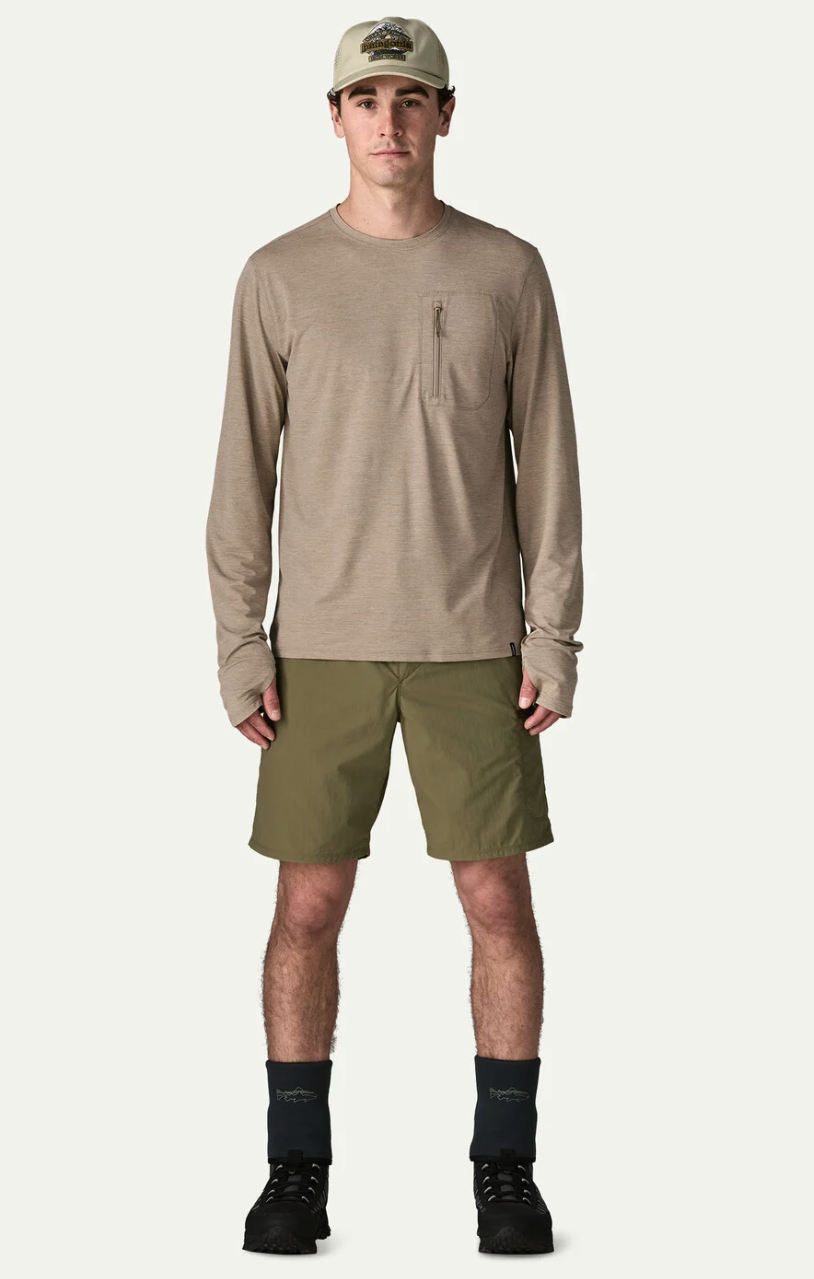 Full view of model wearing Patagonia Sandy Cay Shorts Sage Khaki