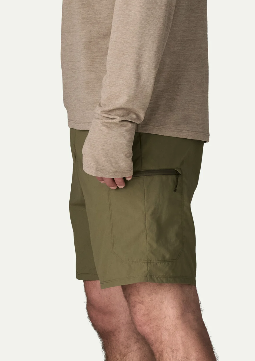 Side of model wearing Patagonia Sandy Cay Shorts Sage Khaki