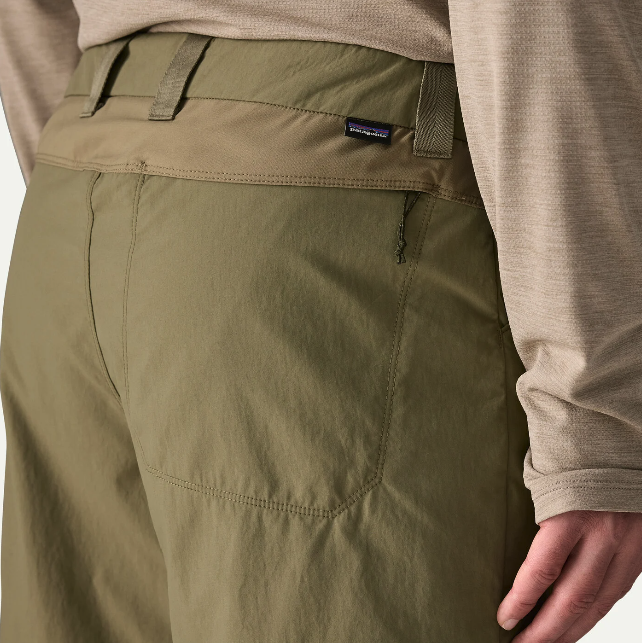 Rear pocket and belt loops on Patagonia Sandy Cay Shorts Sage Khaki