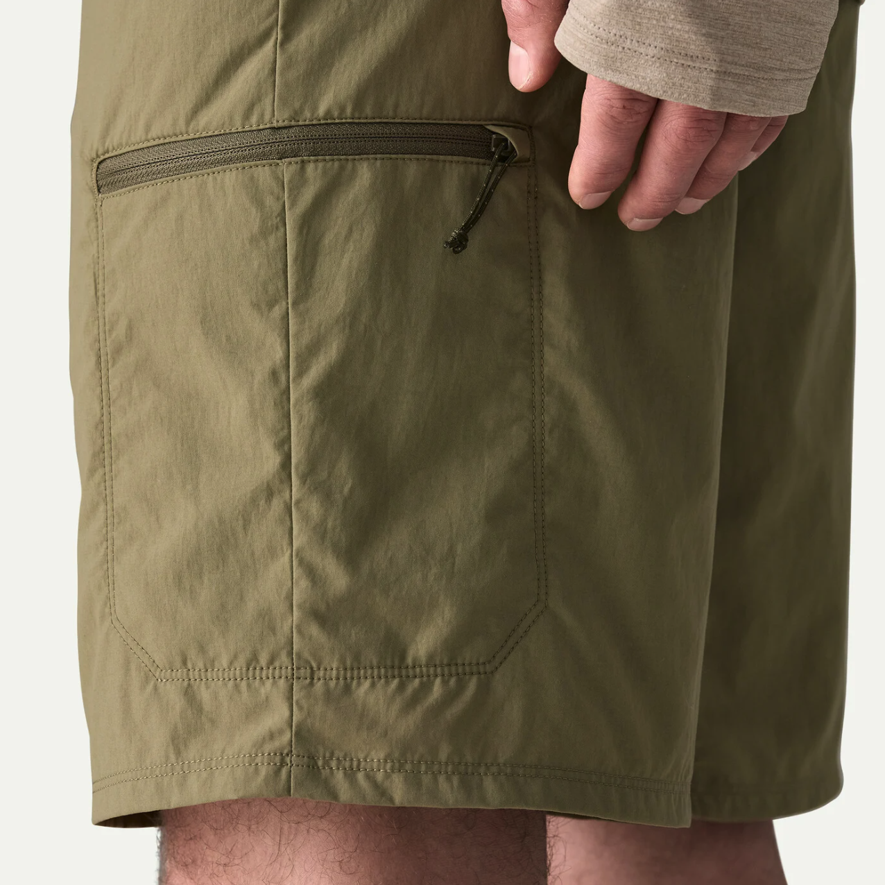 Side zip pocket of Patagonia Sandy Cay Shorts Sage Khaki