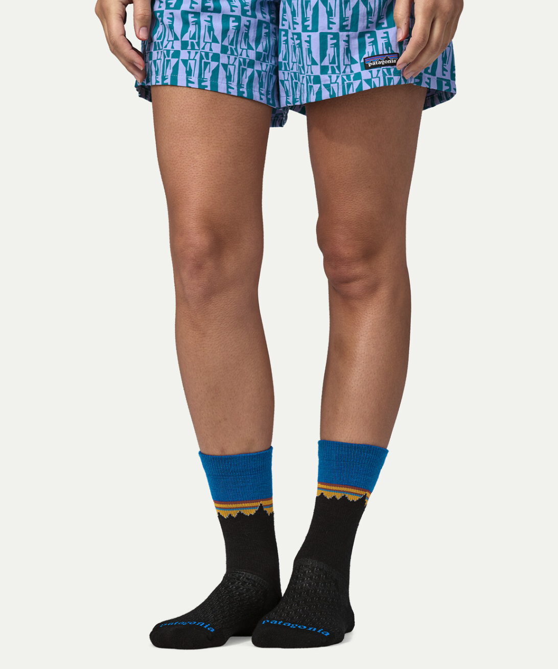 Patagonia Merino Wool Blend Crew Socks in Classic Fitz Roy Viking Blue color on model