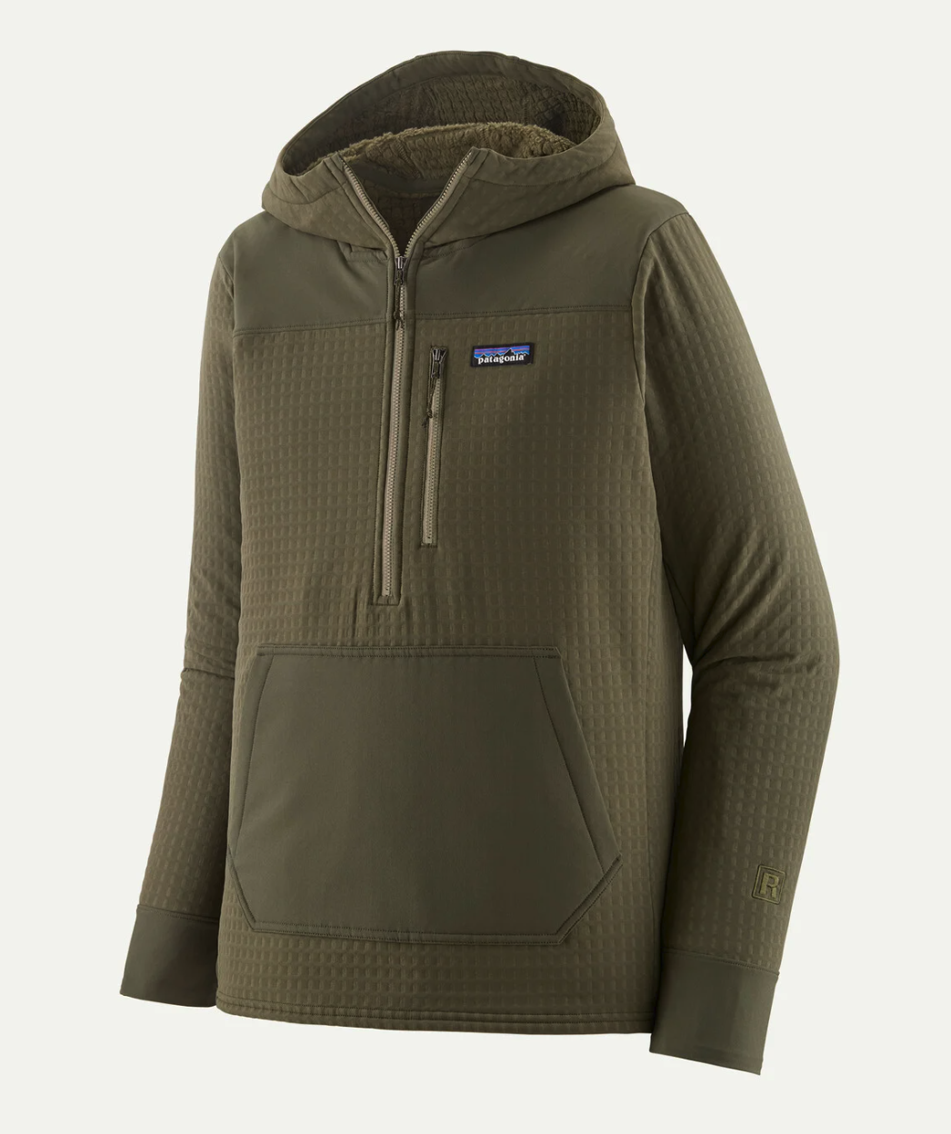 Patagonia R2 TechFace olive green hooded half zip fishing fleece pullover with chest pocket and kangaroo pocket