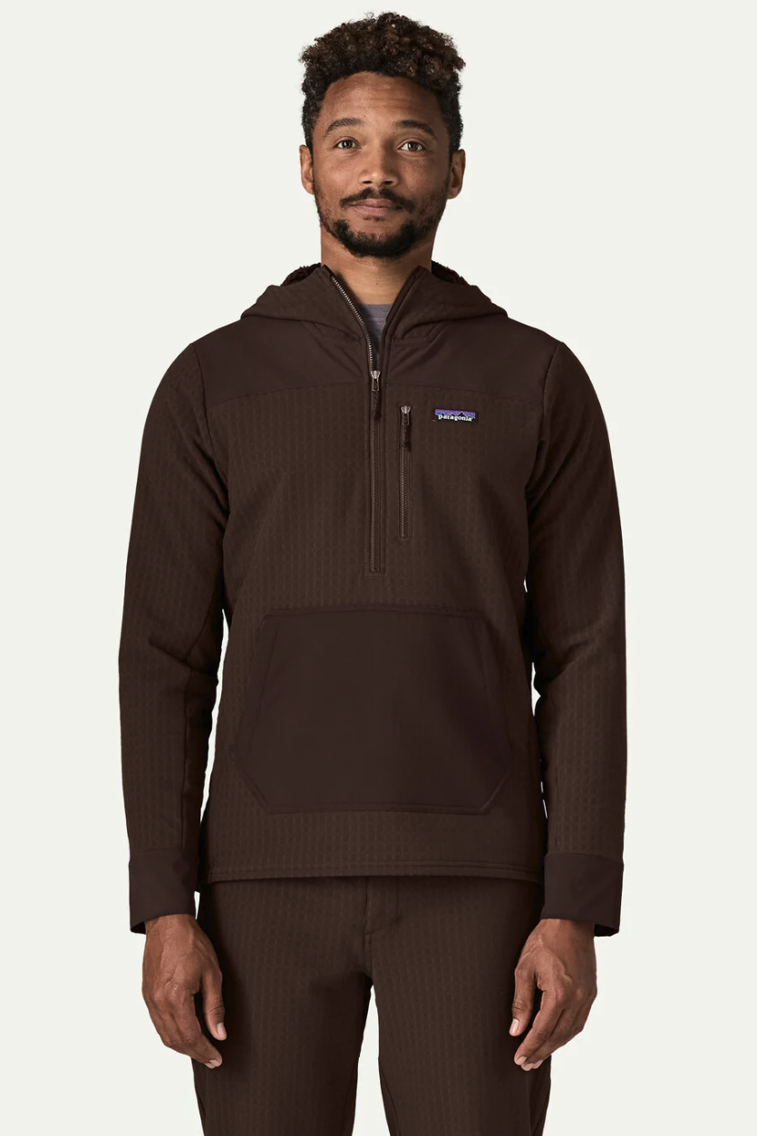 Men's Patagonia R2 TechFace brown half zip fleece pullover for cold weather fly fishing and outdoor camping, front view