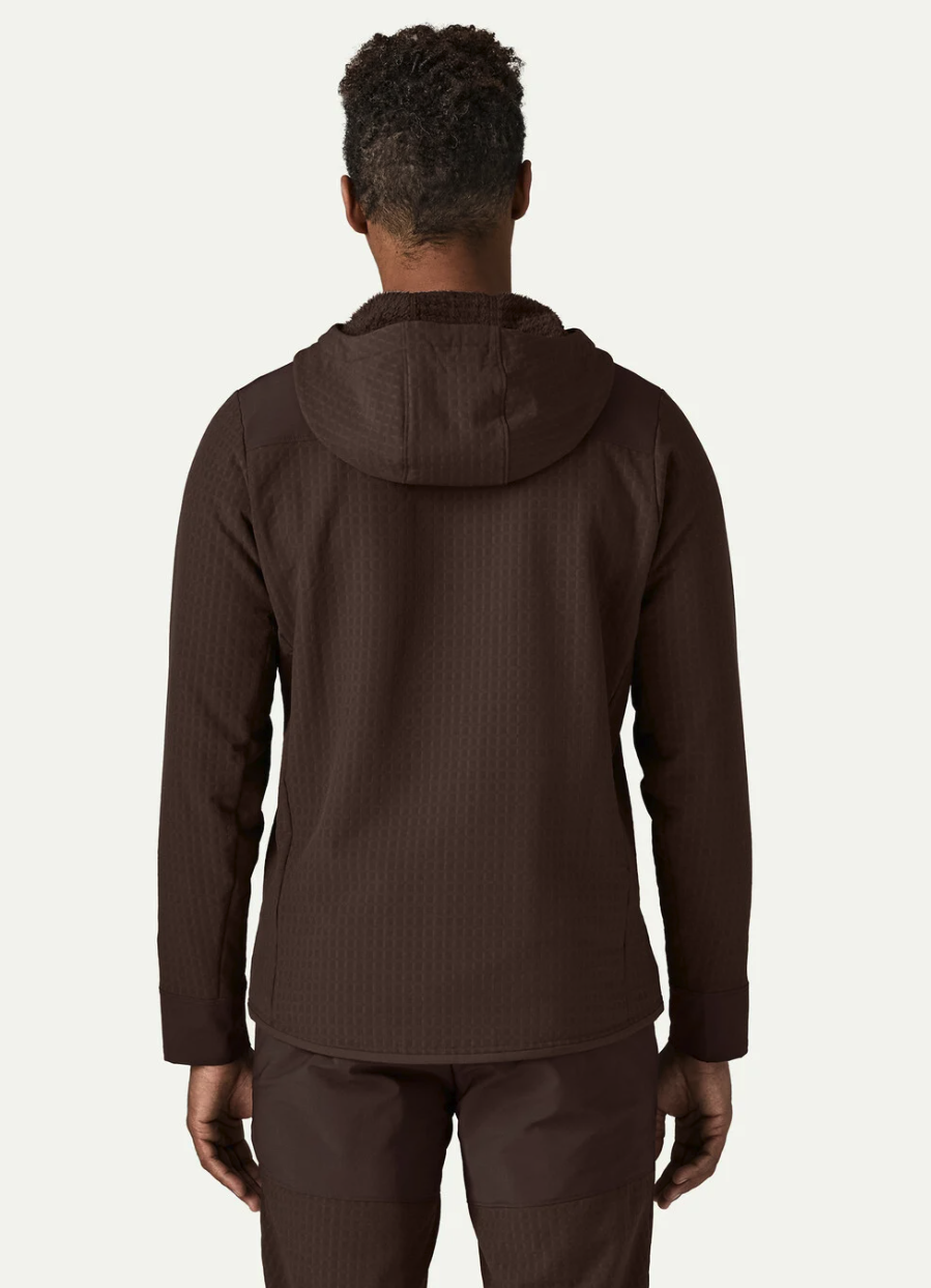 Back view of men's Patagonia R2 TechFace brown hooded fishing fleece pullover with durable grid fabric for outdoor layering