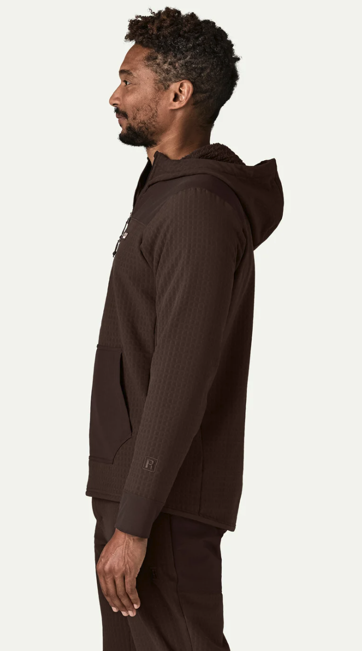 Side profile of men's Patagonia R2 TechFace brown half zip fleece hoodie for fly fishing, hiking and camping