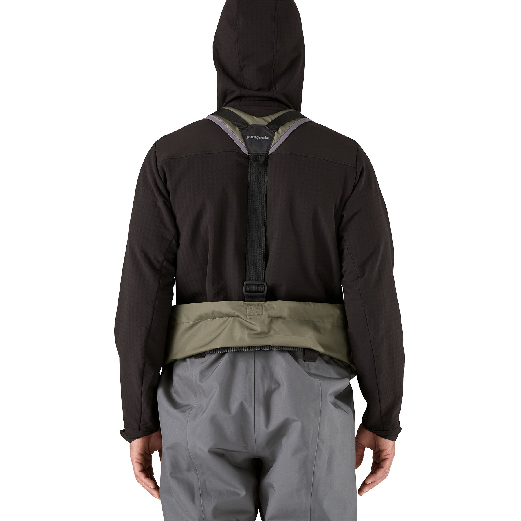 Model showing the back of Patagonia's Swiftcurrent Expedition Wader when pushed down