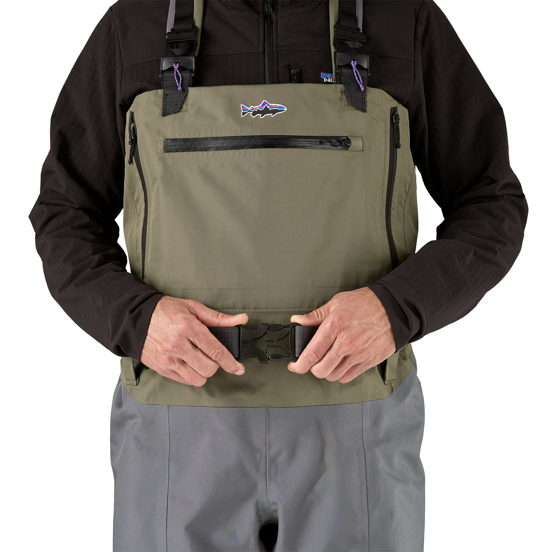 Model showing included belt for Patagonia's Swiftcurrent Expedition Wader