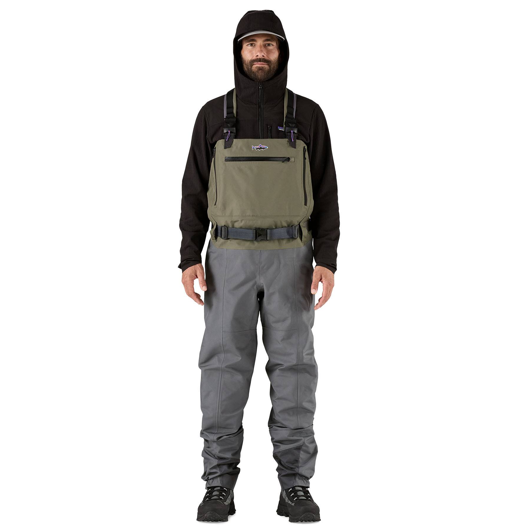 A model showing the front of Patagonia's Swiftcurrent Expedition Wader