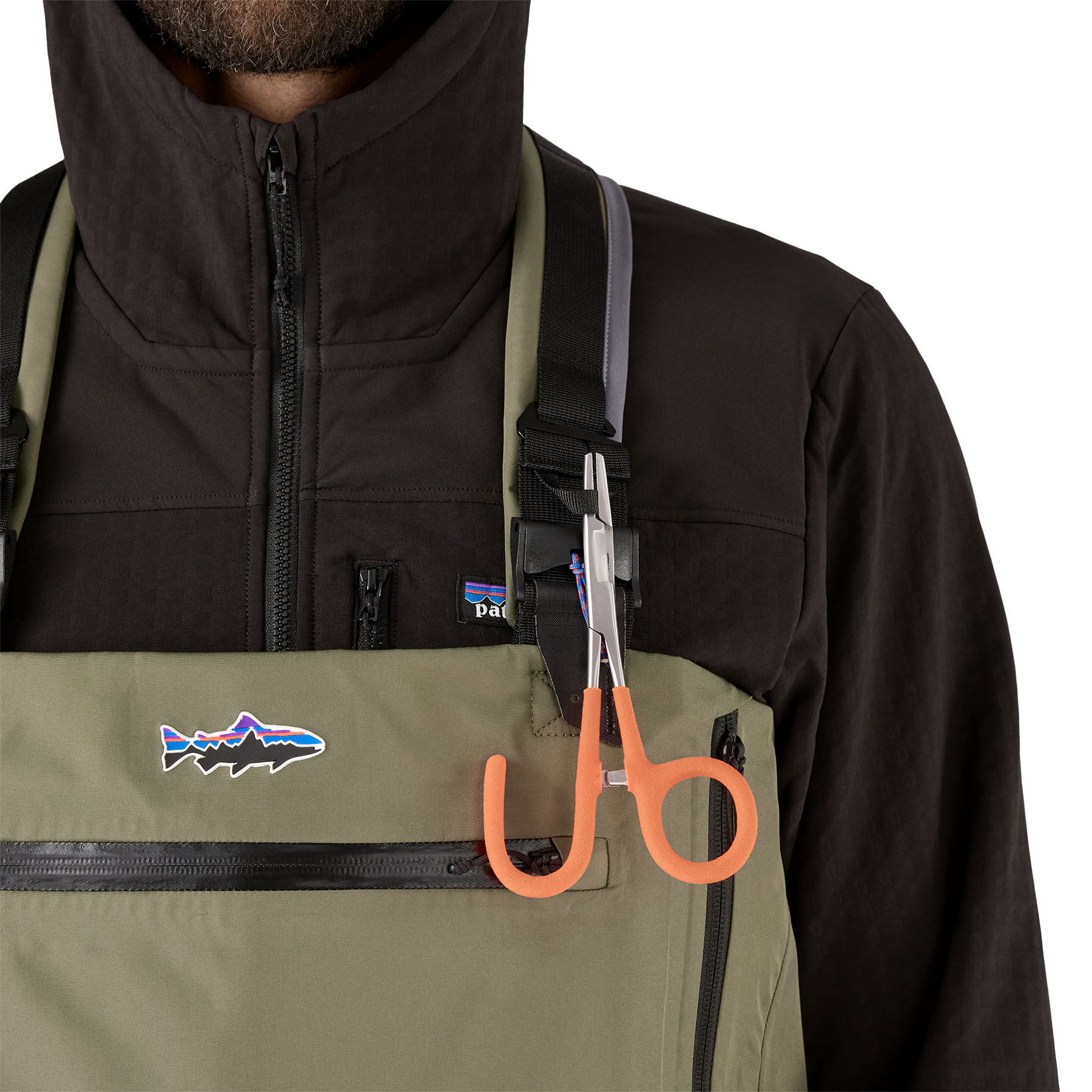 Model showing accessory attachment point on Patagonia's Swiftcurrent Expedition Wader