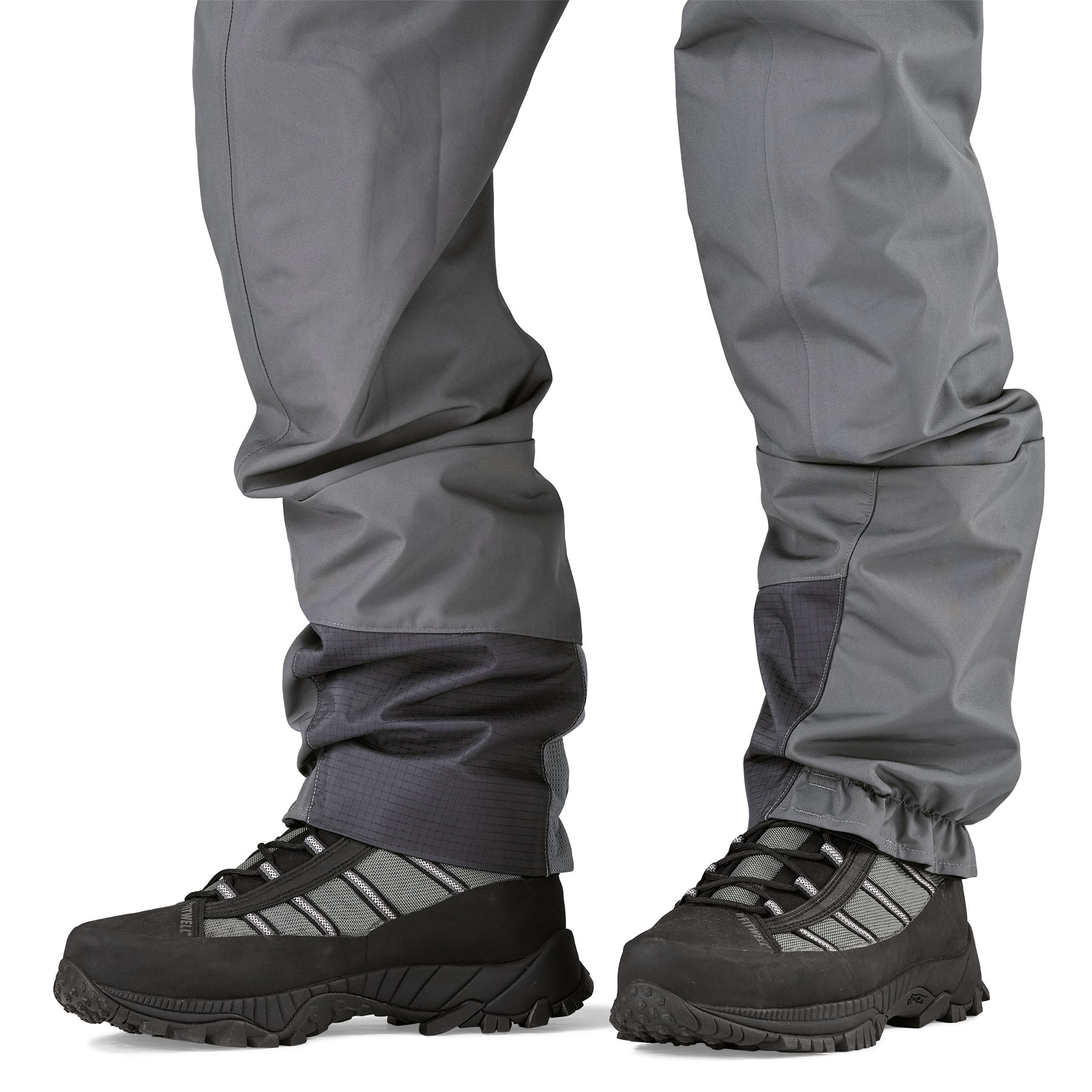 Close up highlighting the gravel guards on Patagonia's Swiftcurrent Expedition Wader