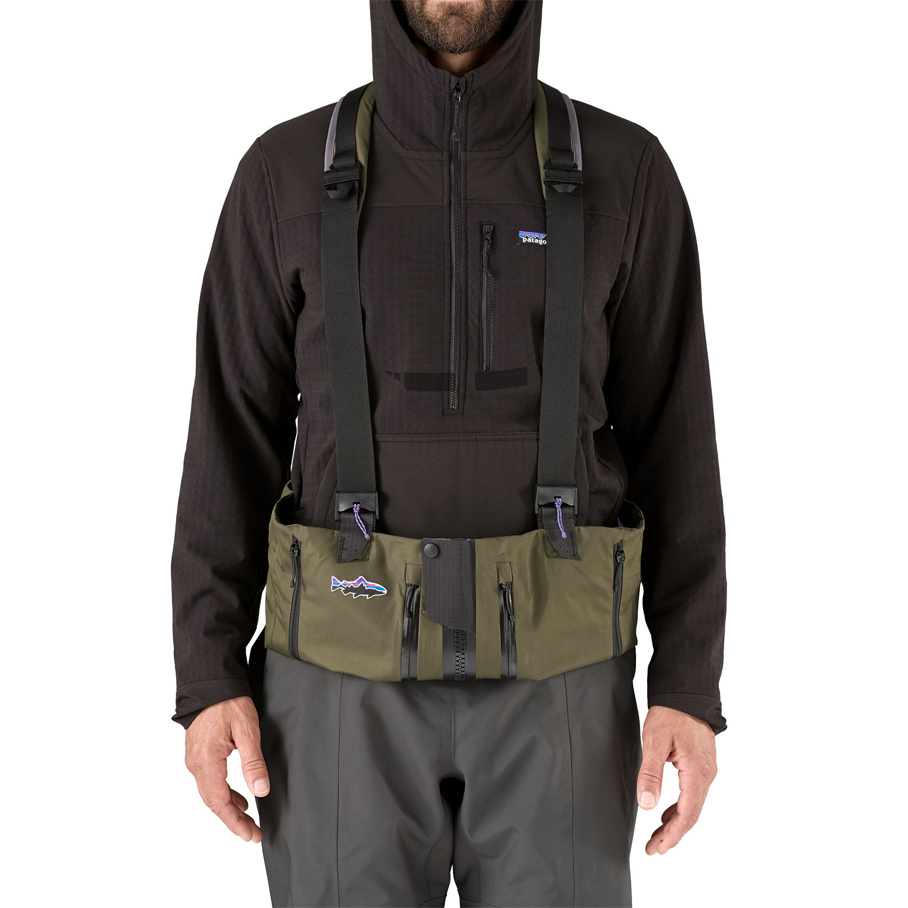 Model showing the front of Patagonia's Swiftcurrent Expedition Zip-Front Wader when pushed down