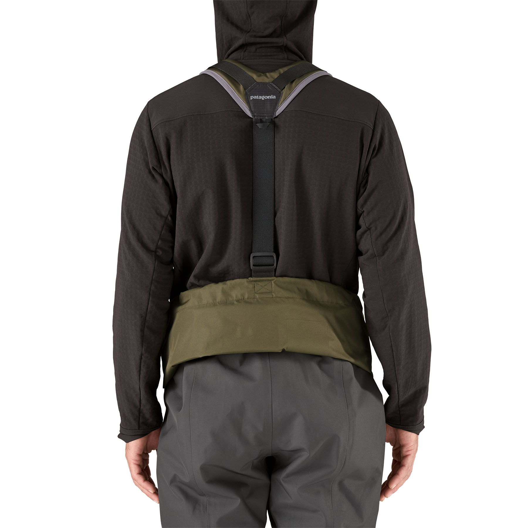 Model showing the back of Patagonia's Swiftcurrent Expedition Zip-Front Wader when pushed down