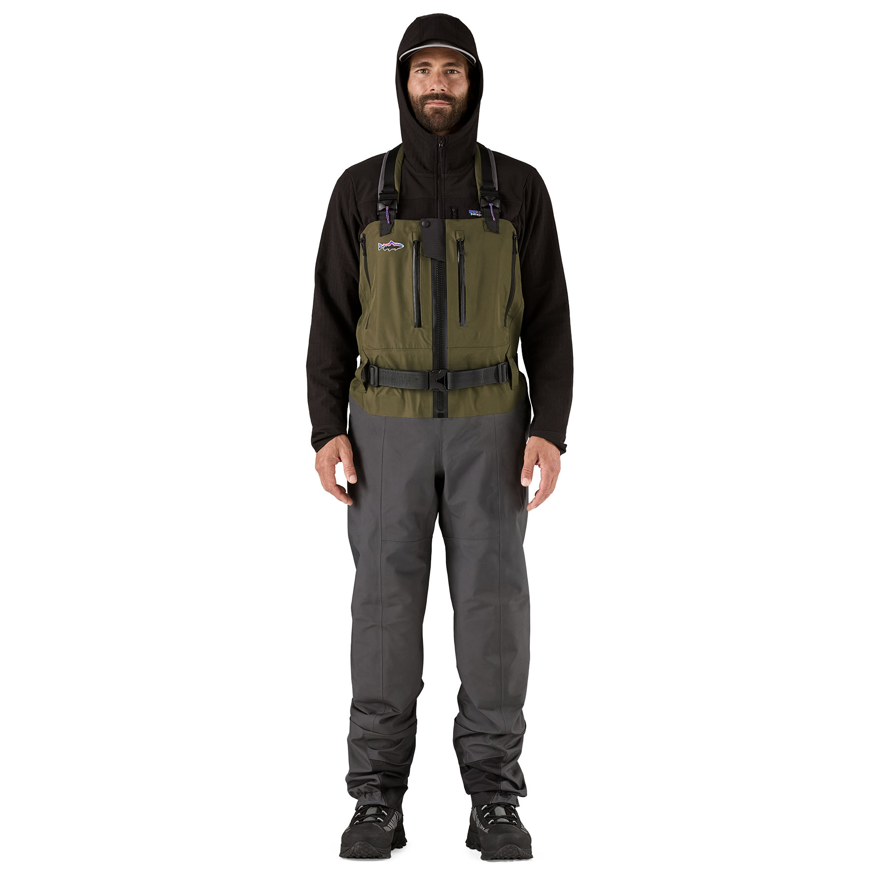 A model showing the front of Patagonia's Swiftcurrent Expedition Zip-Front Wader