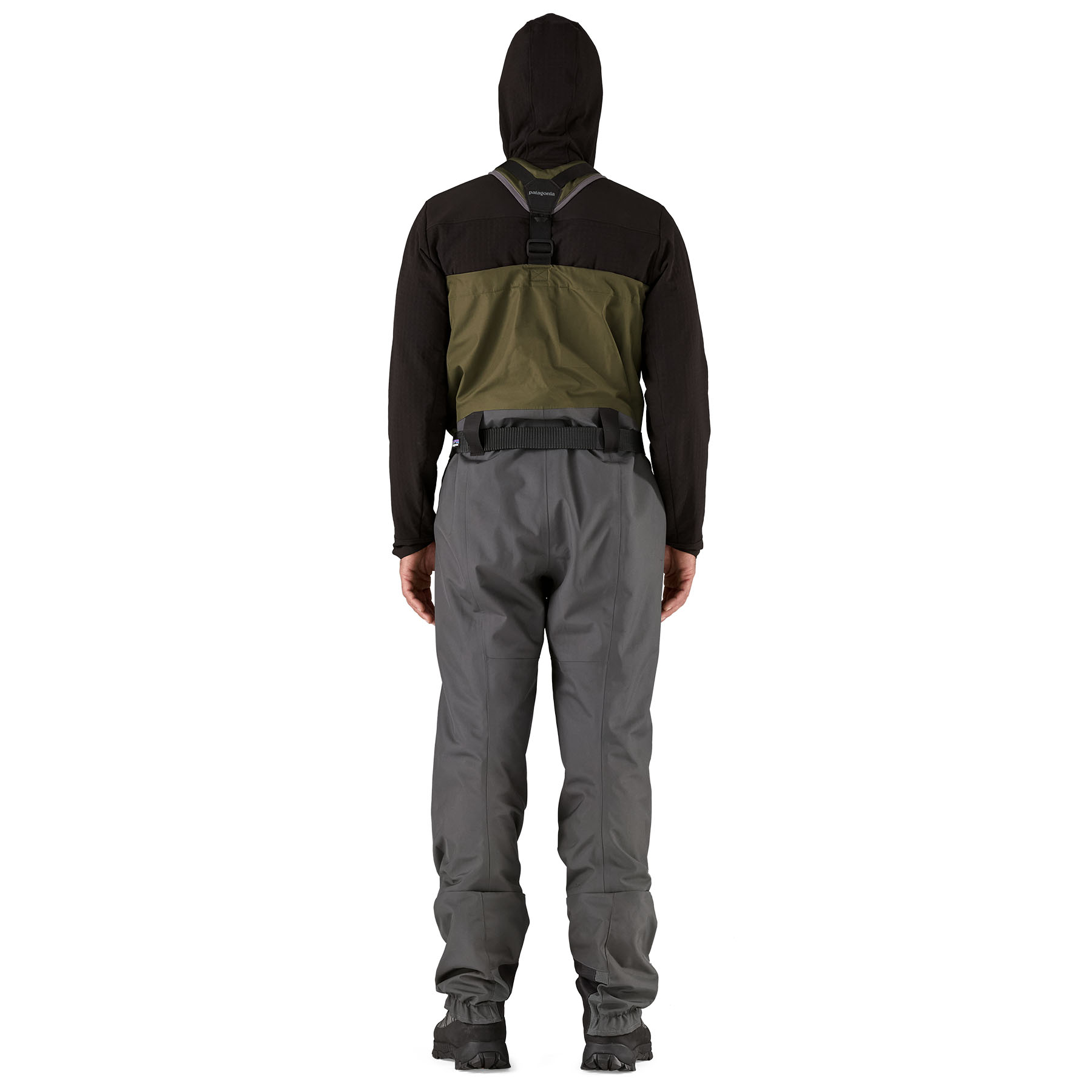 A model showing the back of Patagonia's Swiftcurrent Expedition Zip-Front Wader