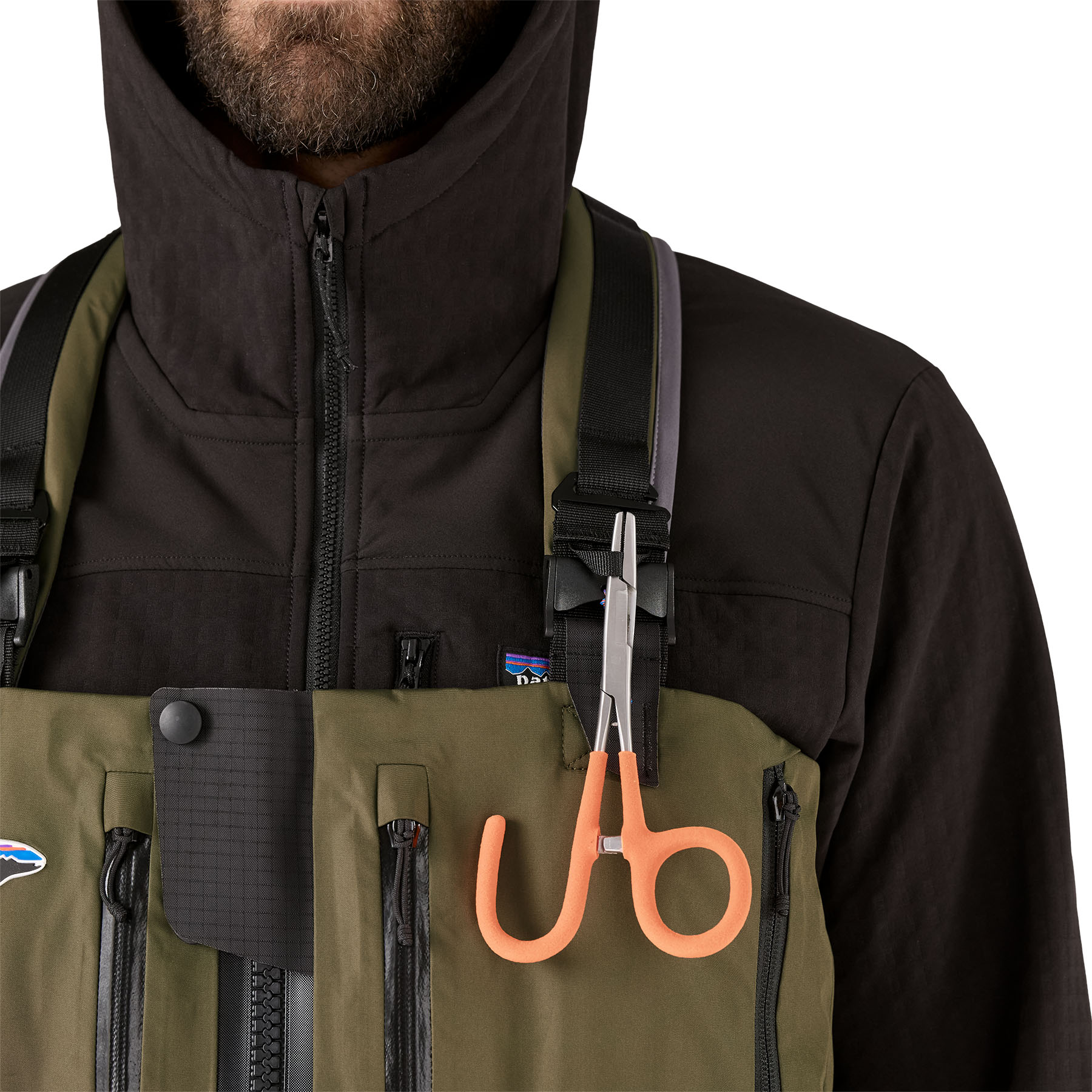 Model showing accessory attachment point on Patagonia's Swiftcurrent Expedition Zip-Front Wader