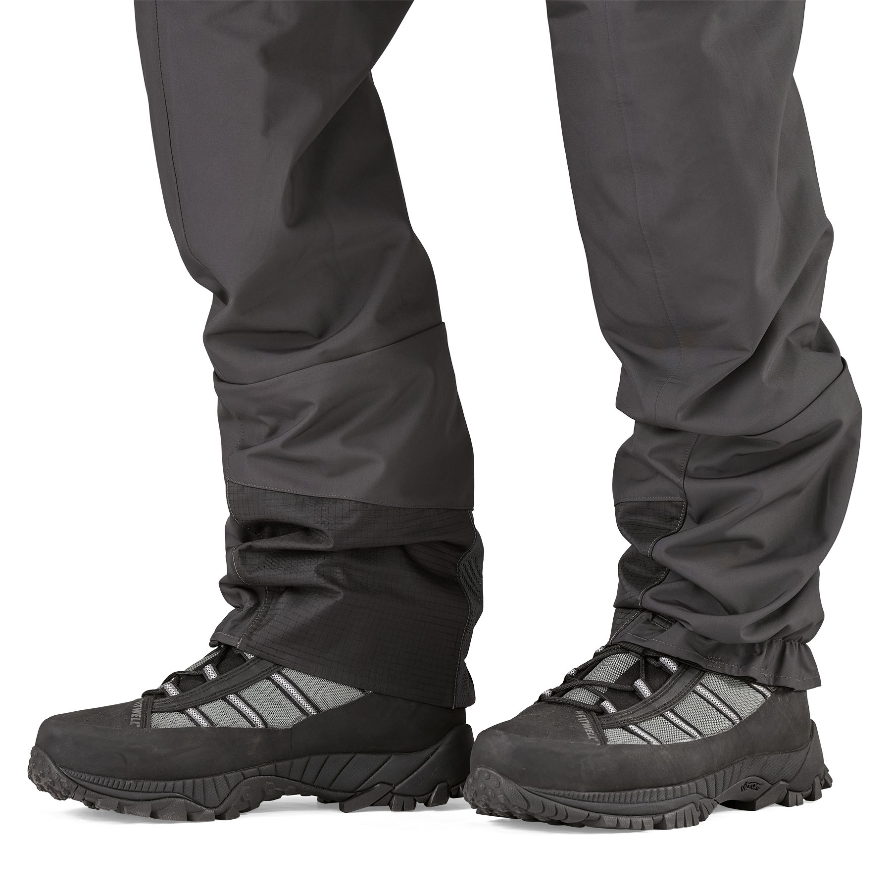 Close up highlighting the gravel guards on Patagonia's Swiftcurrent Expedition Zip-Front Wader