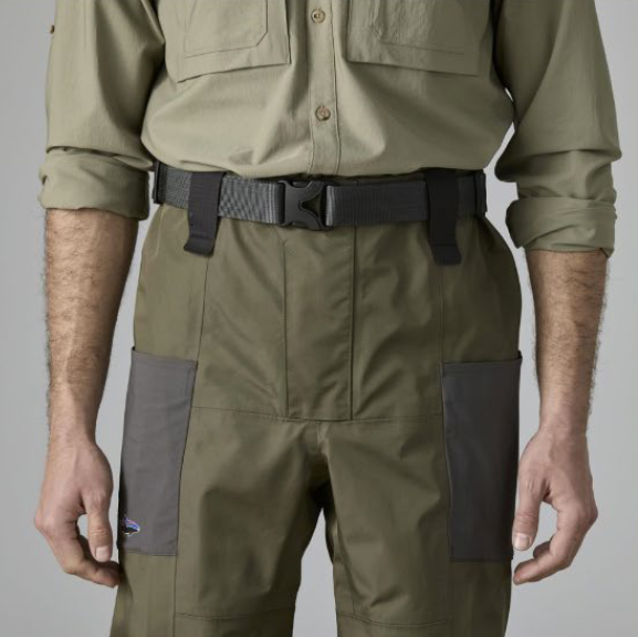 Waist zipped on man wearing Patagonia Swiftcurrent Traverse Wading Pants