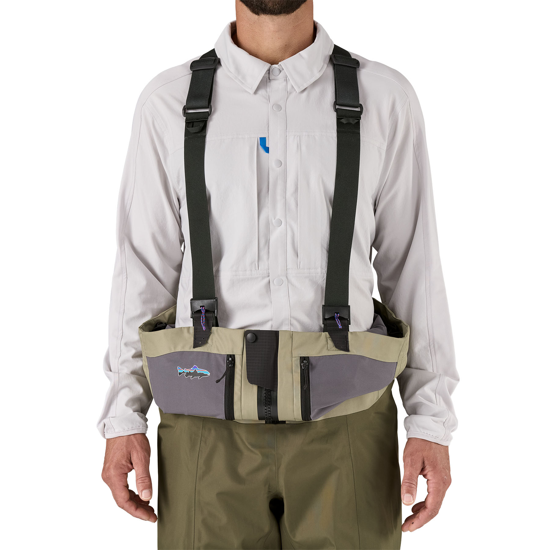 Model showing the front of Patagonia's Swiftcurrent Traverse Zip-Front Wader when pushed down