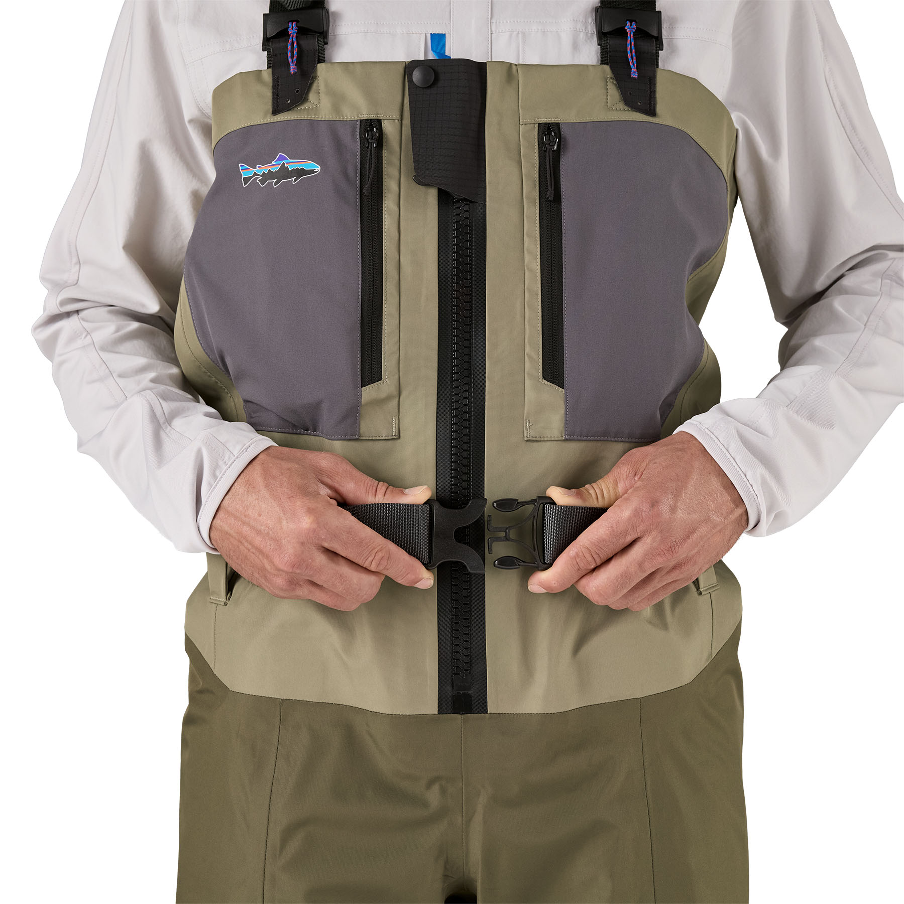 Model showing belt for Patagonia's Swiftcurrent Traverse Zip-Front Wader