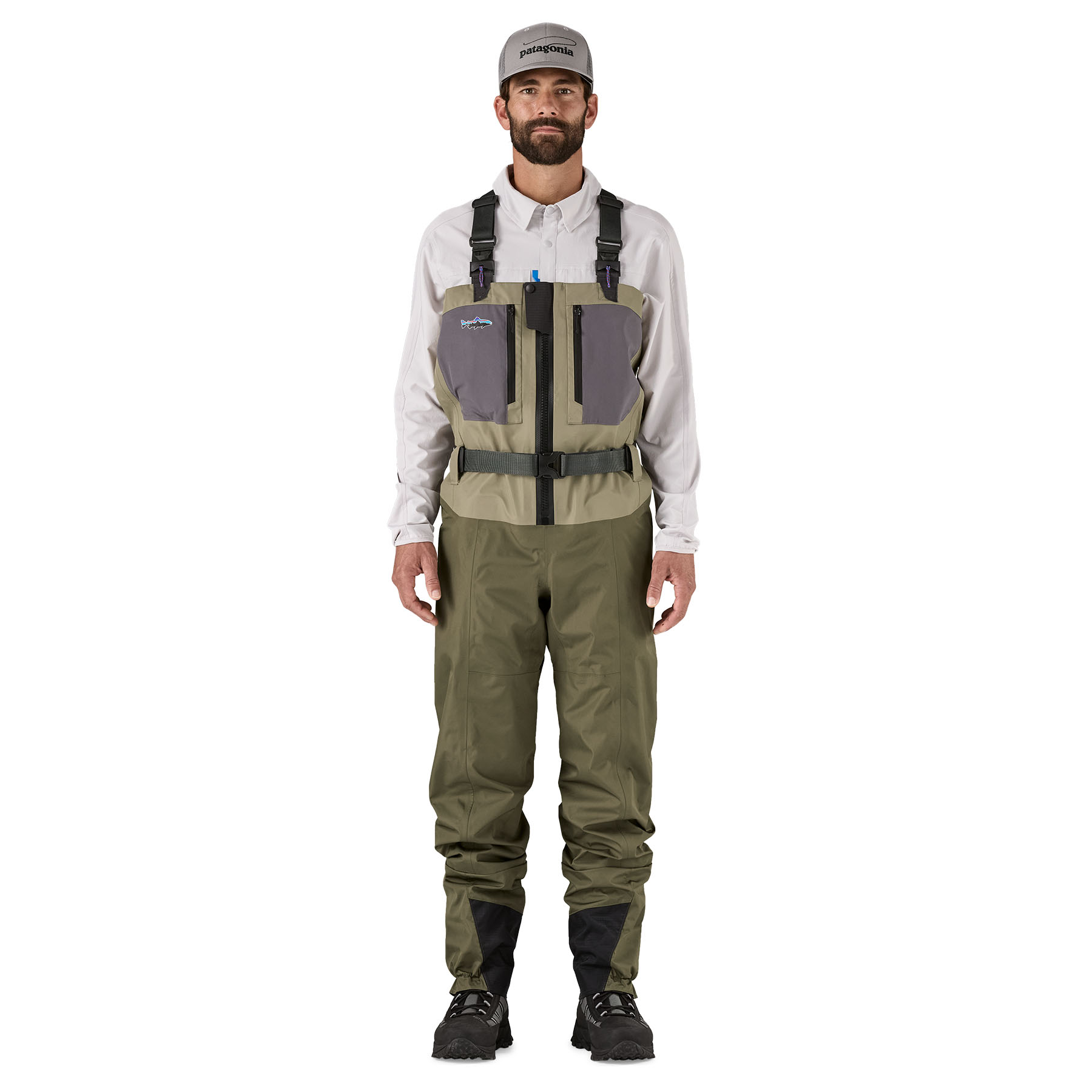 Model wearing and showing the front of Patagonia's Swiftcurrent Traverse Zip-Front Wader