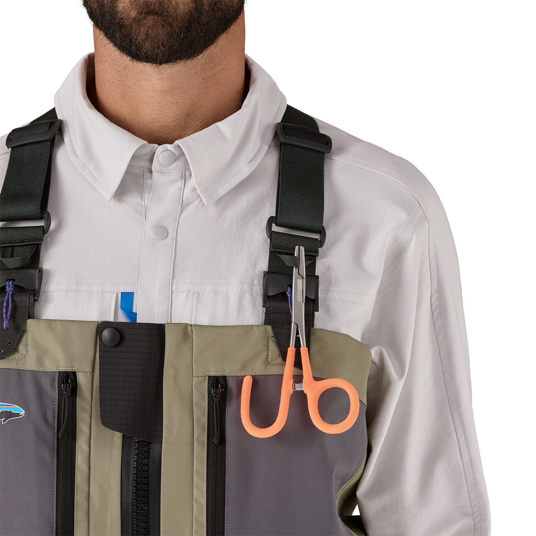 Model showing accessory attachment point on Patagonia Swiftcurrent Traverse Zip-Front Wader