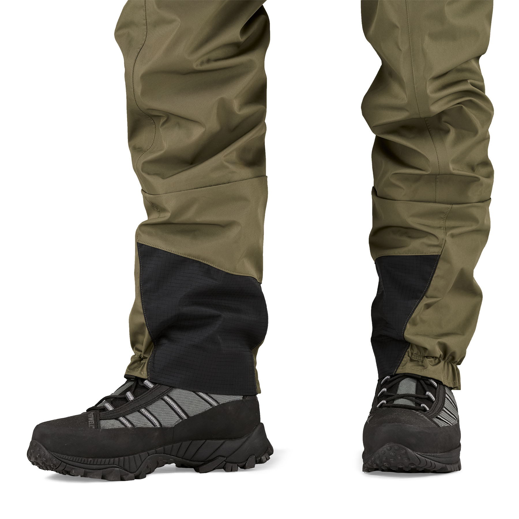 Close up highlighting the gravel guards on Patagonia's Swiftcurrent Traverse Zip-Front Wader