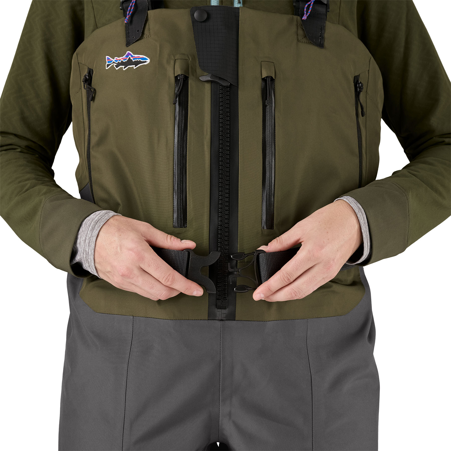 Close up of the included wading belt for the Patagonia Women's Swiftcurrent Expedition Zip-Front Waders