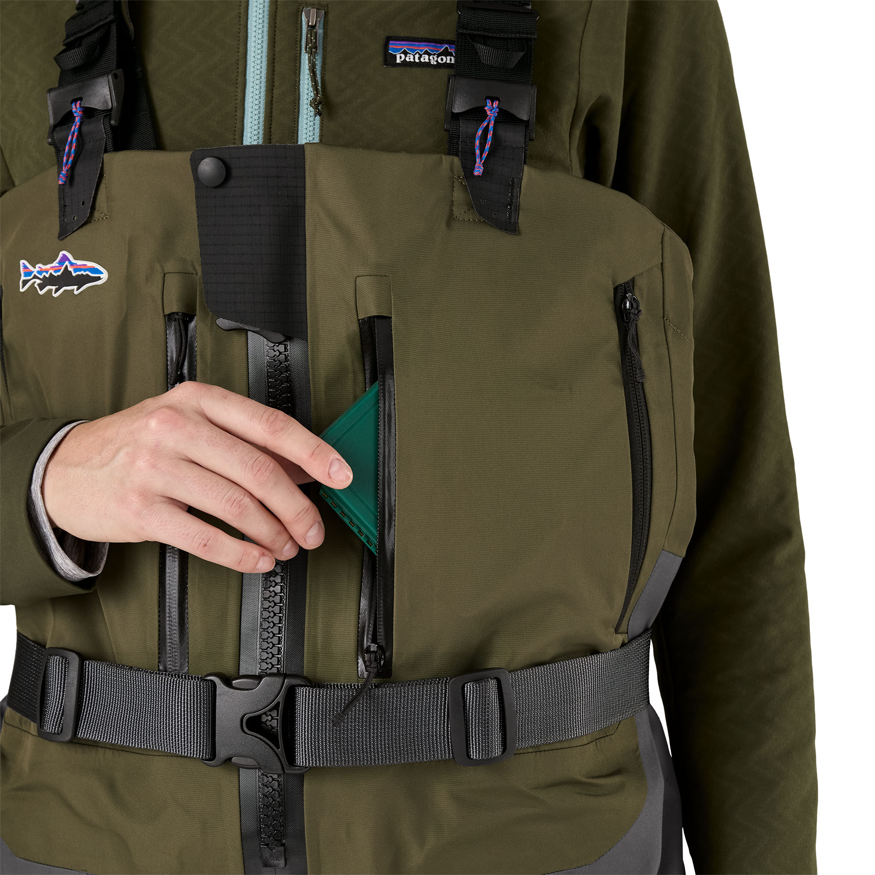 Spacious chest pockets featured on the Patagonia Women's Swiftcurrent Expedition Zip-Front Waders