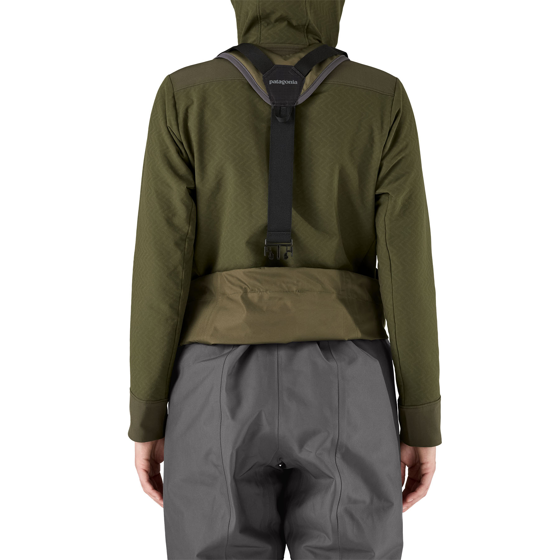 Model showing the Patagonia Women's Swiftcurrent Expedition Zip-Front Waders pushed down from the back