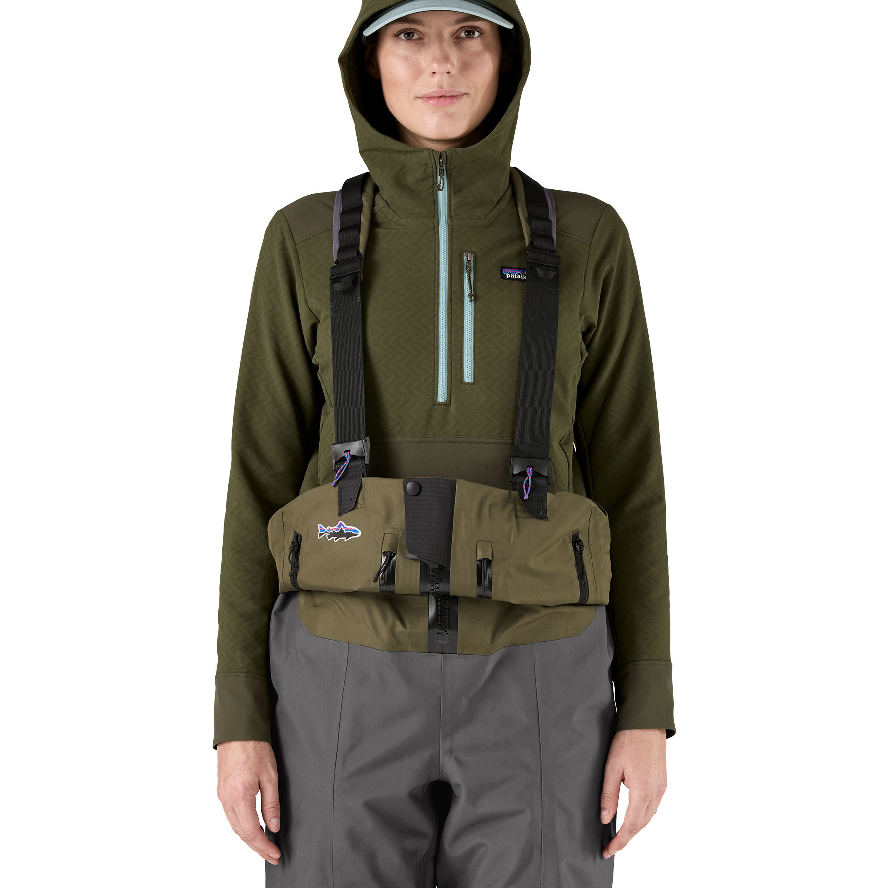 Model showing the Patagonia Women's Swiftcurrent Expedition Zip-Front Waders pushed down from the front