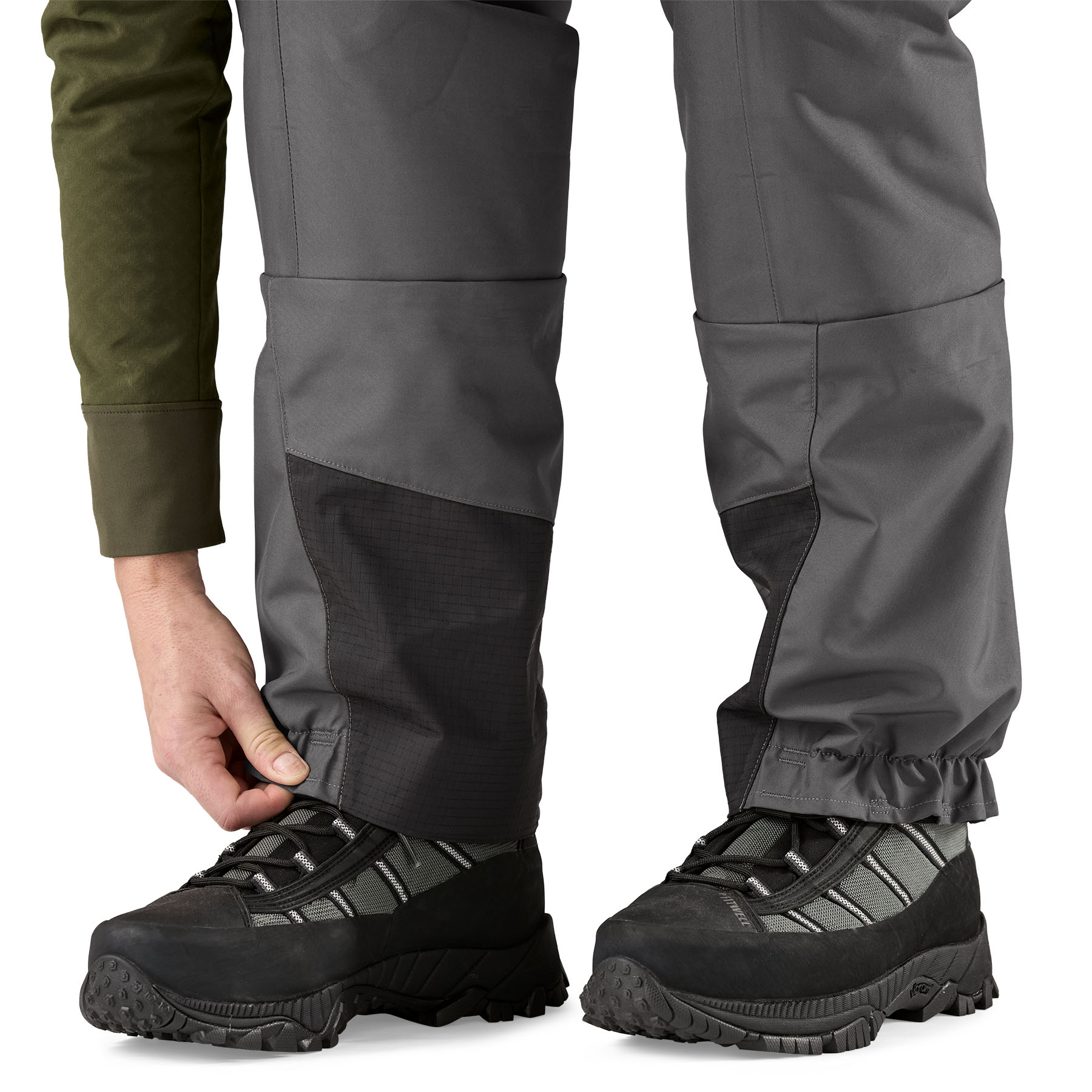 Close up of Patagonias Women's Swiftcurrent Expedition Zip-Front Waders gravel guards