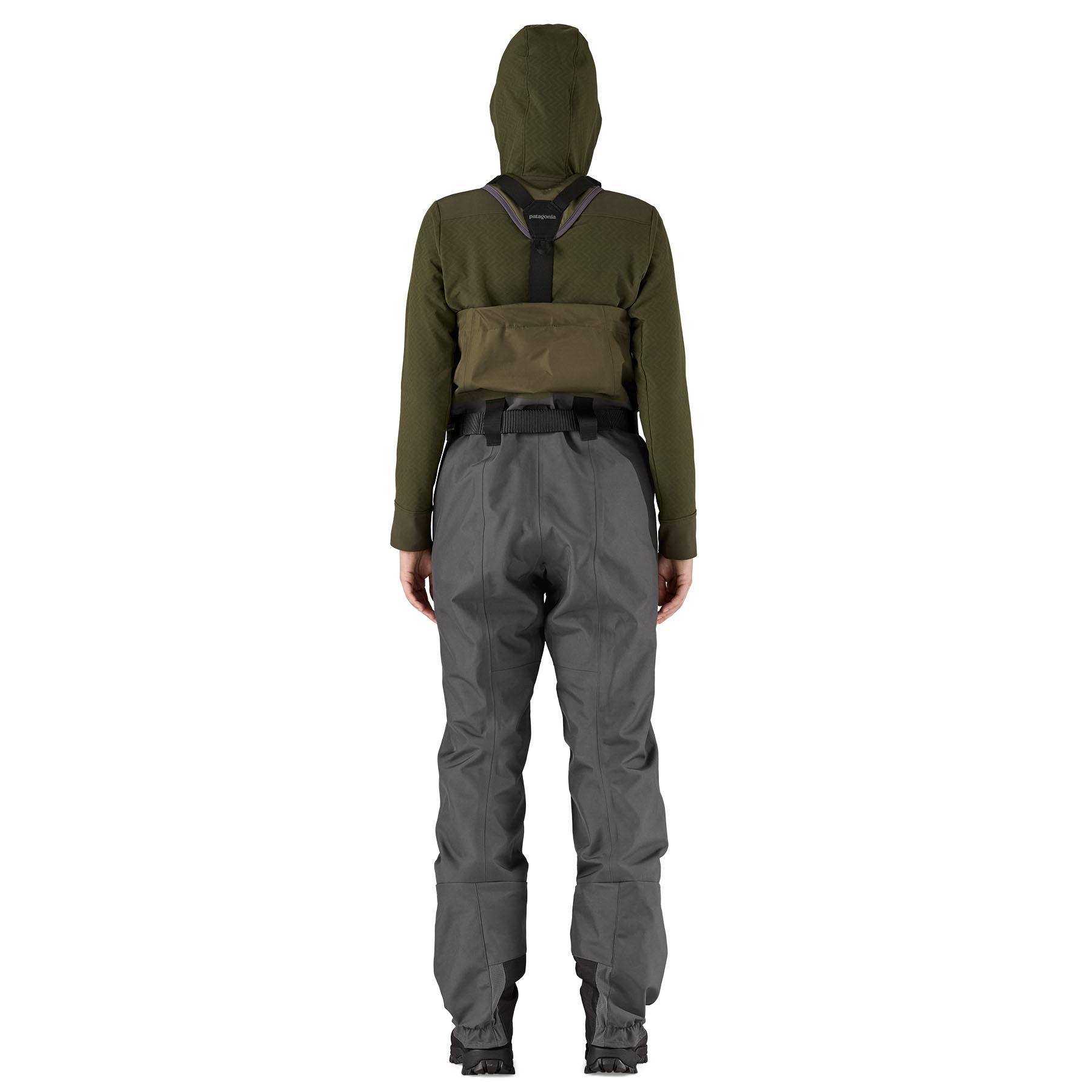 Model showing the back of Patagonia Women's Swiftcurrent Expedition Zip-Front Waders