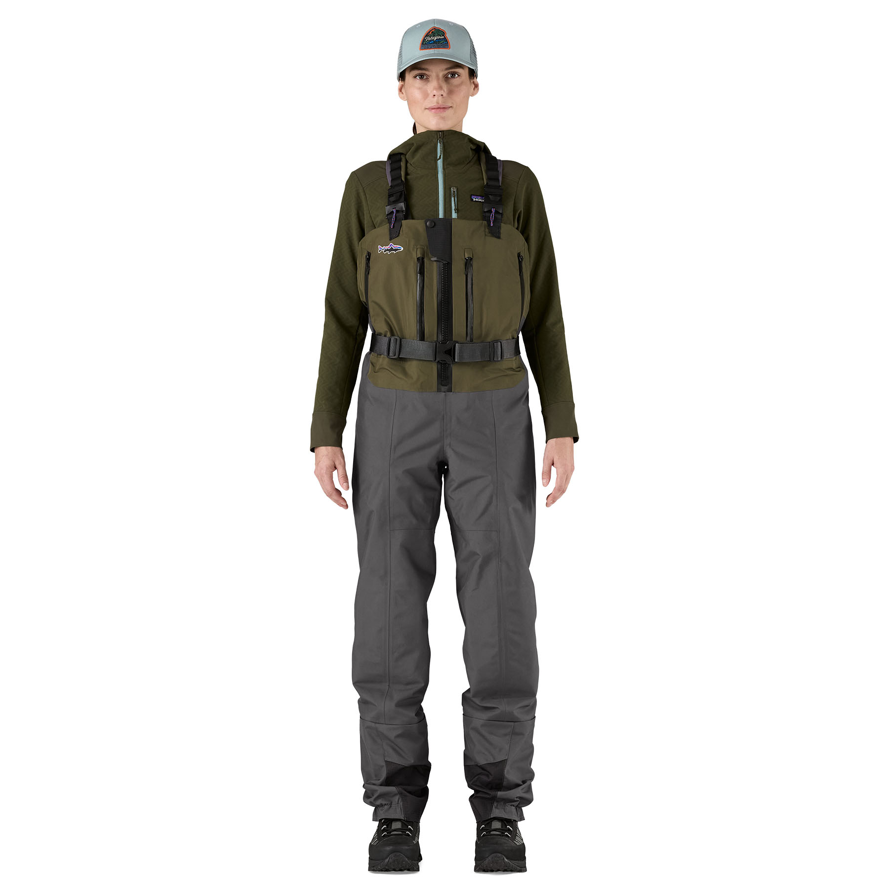 Model showing the front of the Patagonia Women's Swiftcurrent Expedition Zip-Front Waders