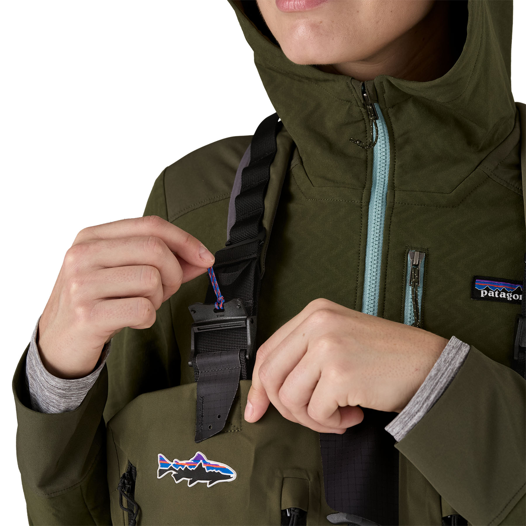 Close up of the suspender system featured on the Patagonia Women's Swiftcurrent Expedition Zip-Front Waders