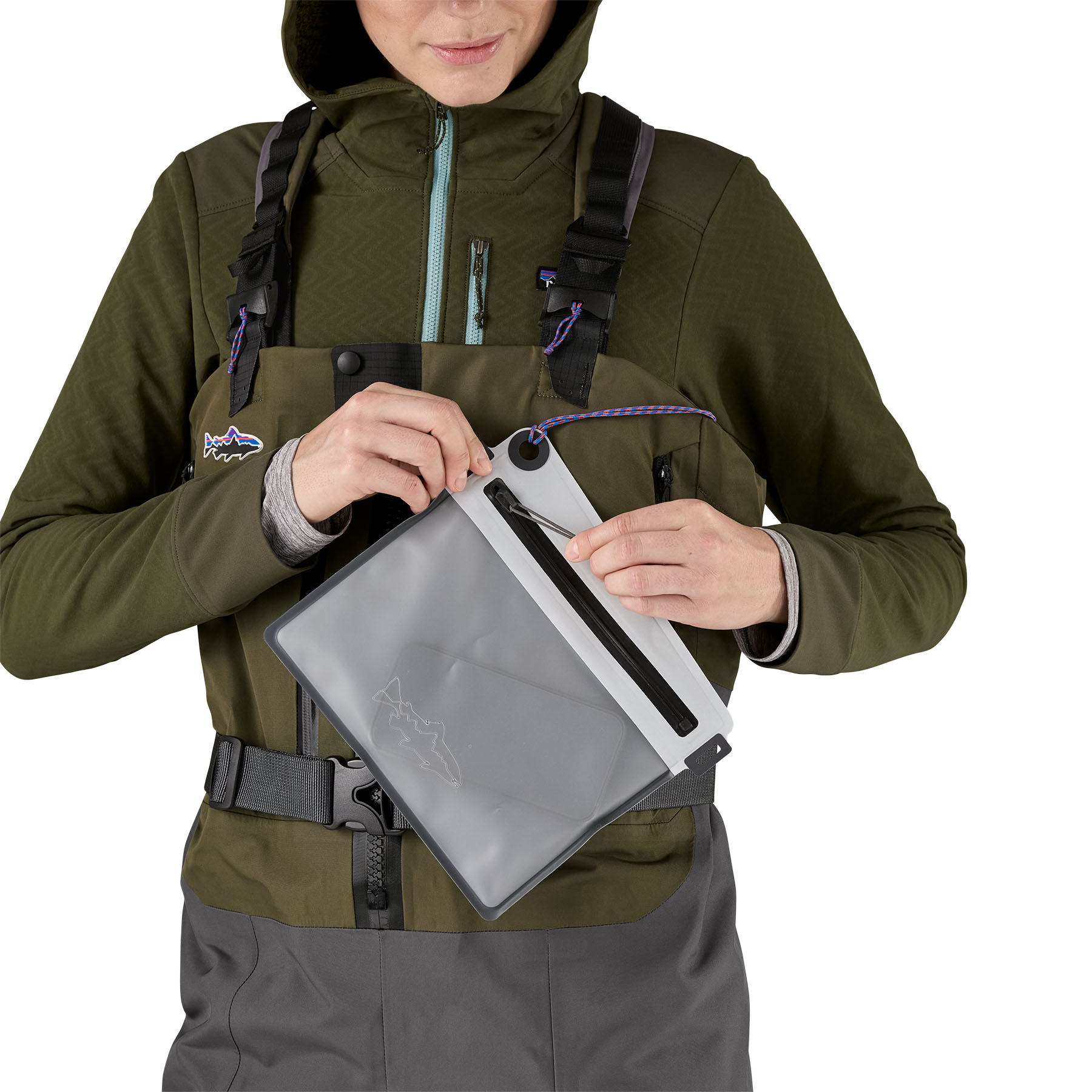 Water proof pouch featured with the Patagonia Women's Swiftcurrent Expedition Zip-Front Waders