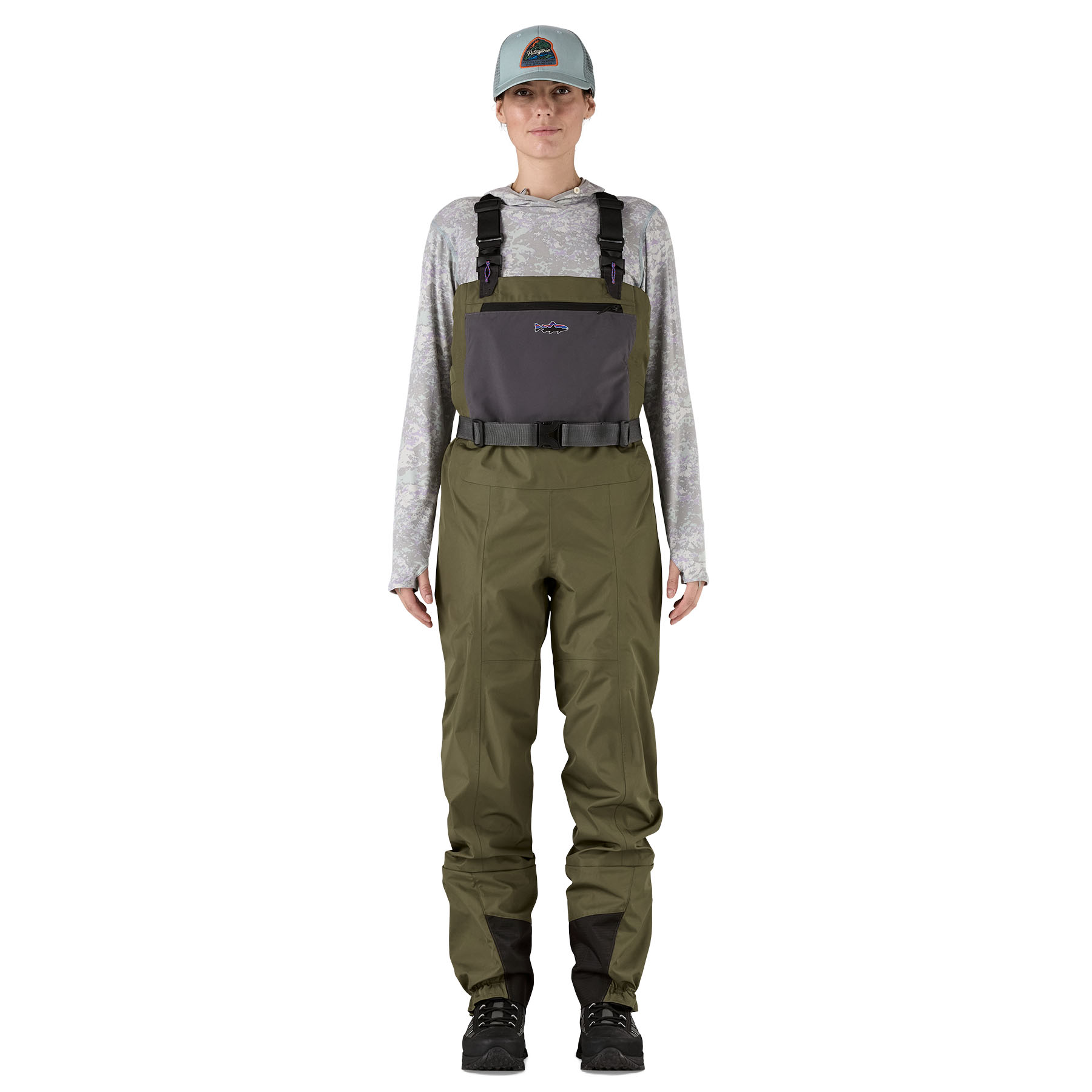 Front view of model wearing the Patagonia Women's Swiftcurrent Traverse Waders
