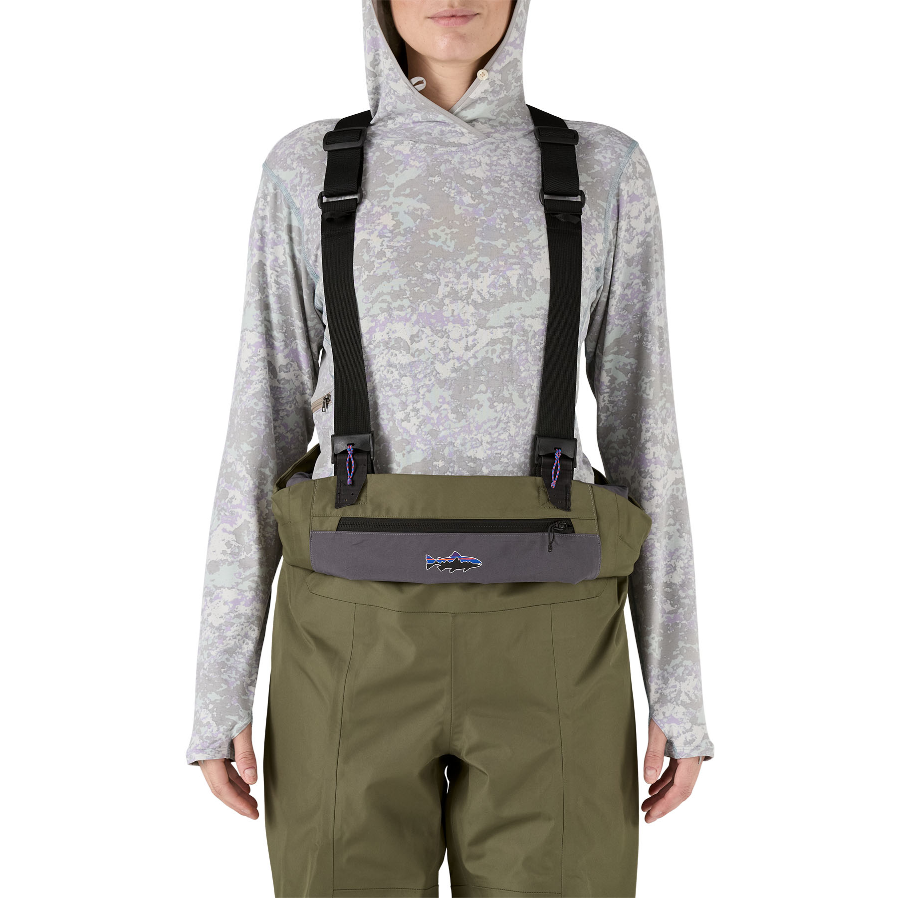 Model showing the Patagonia Women's Swiftcurrent Traverse Waders configured down from the front