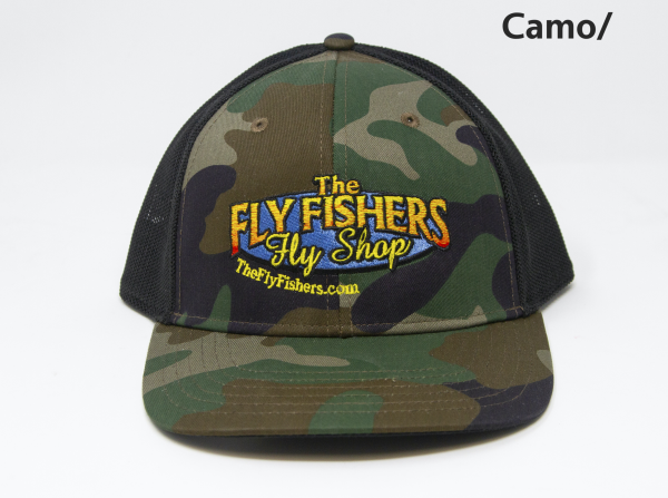 The Fly Fishers Shop Logo Trucker Hat Camo/Black