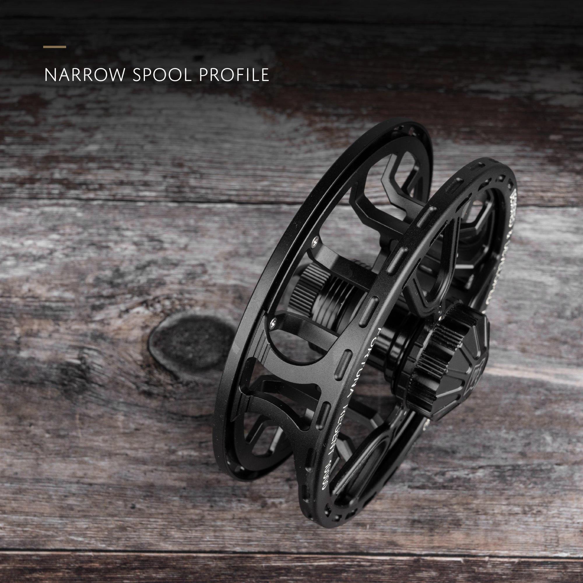 Highlighting the narrow spool profile of the Hardy Fortuna Regent Fly Reel